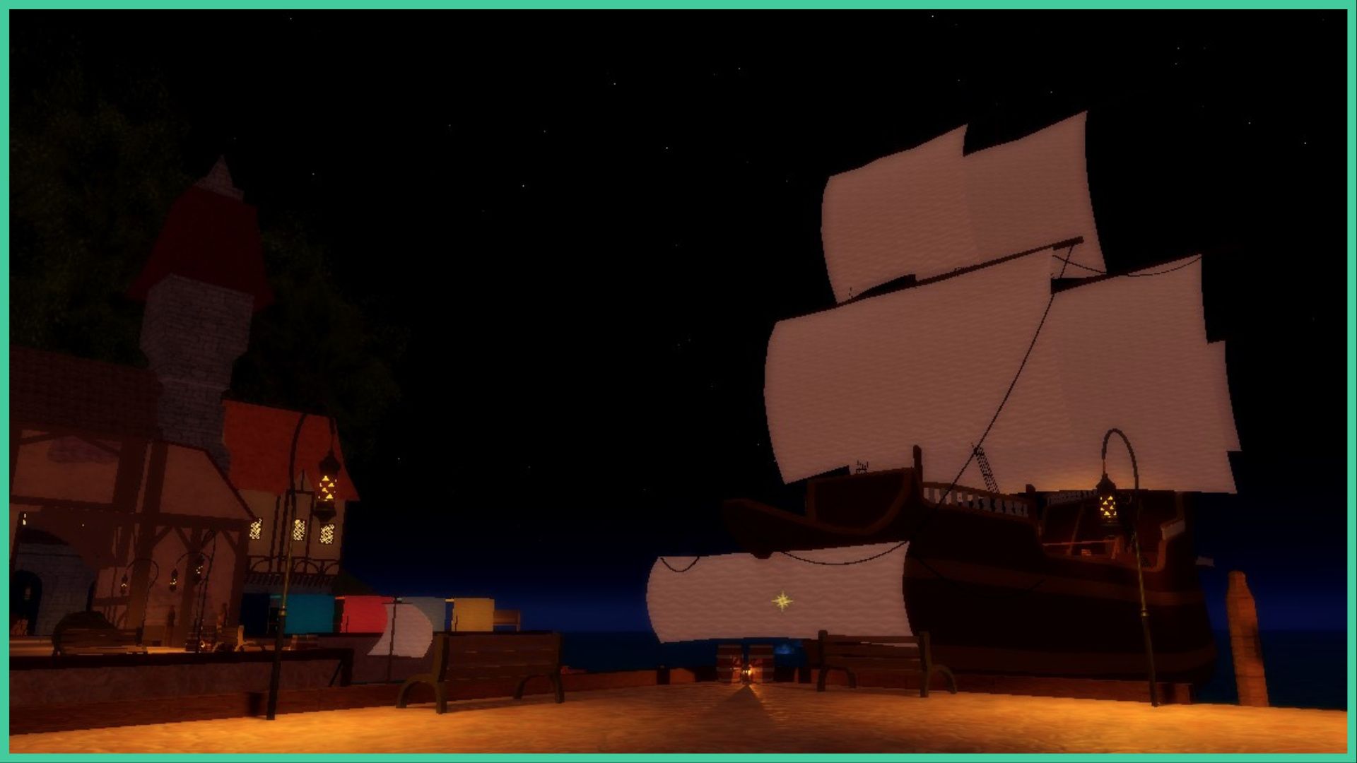 feature image for our legends rewritten tier list, the image features a screenshot from the spawn area of the pirate ship with the sails up as its docked in and the wooden dock, there are glowing streetlamps, benches that overlook the sea, and old style buildings in front of a tree as the stars glow in the sky