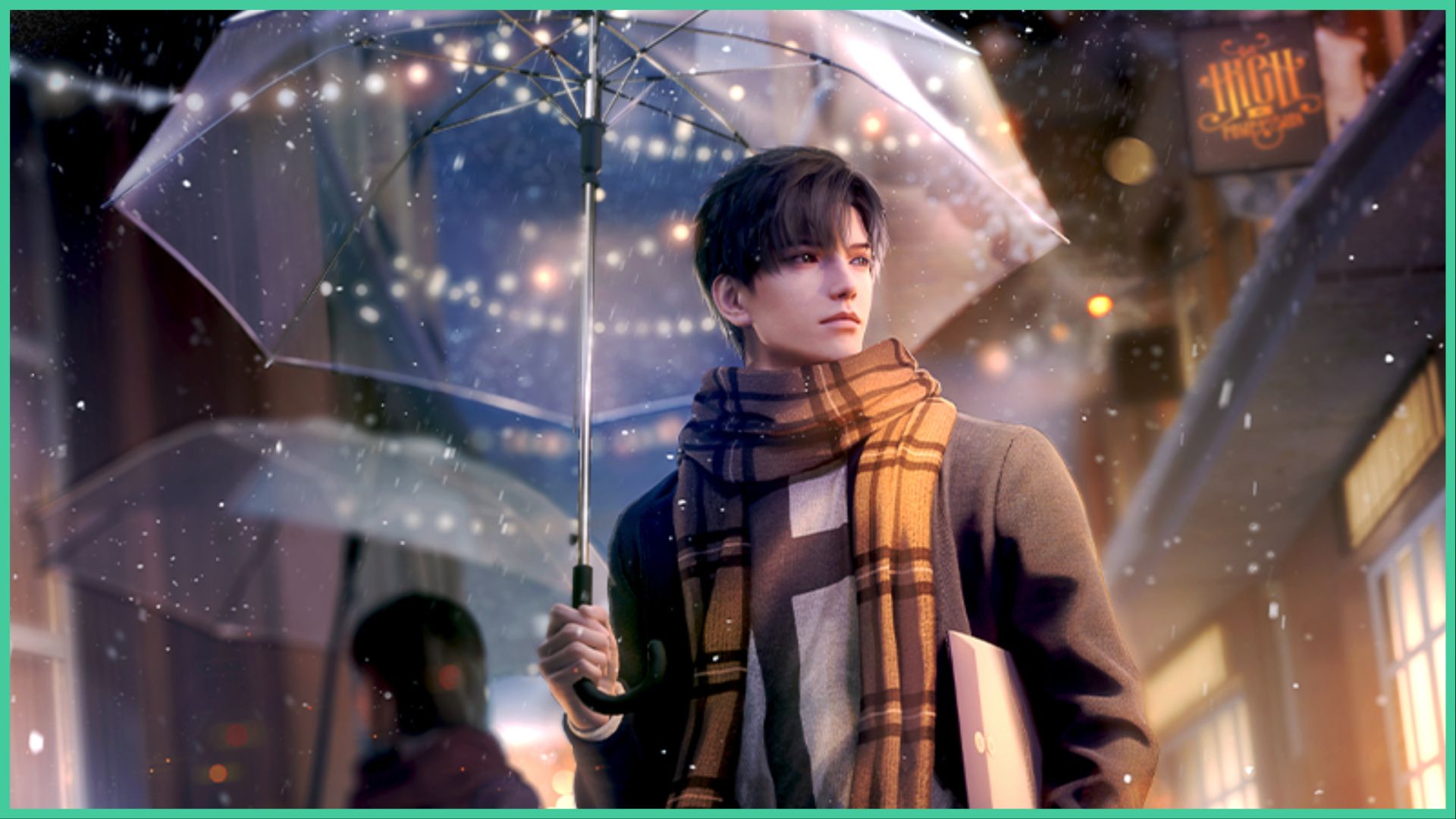 feature image for our love and deepspace tier list, the image features the art for zayne's four-star card, glittering lights, as he holds an umbrella to protect himself from the rain, he's looking too the side as he wears a scarf and holds a folder under his arm