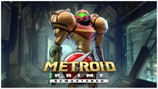 promo image for metroid prime remastered as a robotic character stands and looks ahead in the middle of a spaceship, the game's logo is at the bottom