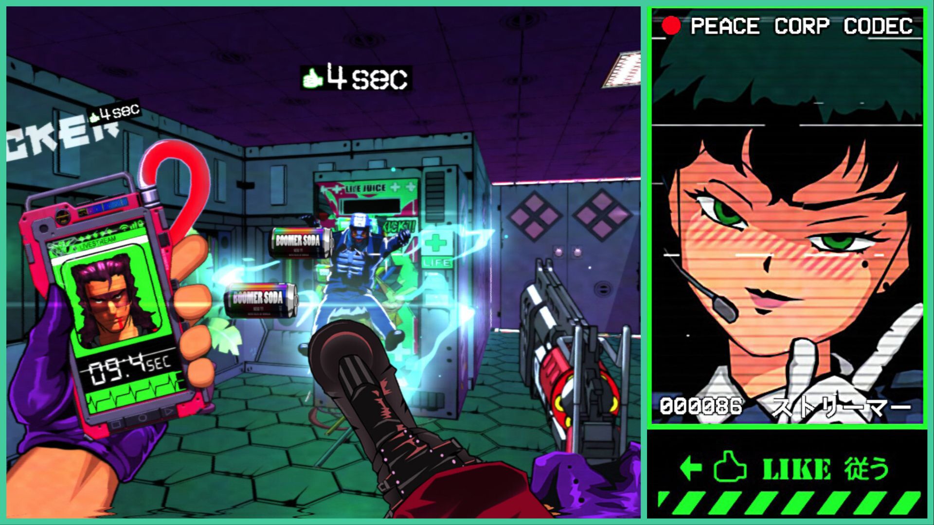 feature image for our mullet mad jack news, the image features a screenshot from the game of mad jack kicking a robot into a health vending machine as 'boomer soda' flies out, mad jack is holding on to a device that has a countdown, with 9.4 seconds left on the clock, to the side is another screenshot from the game of a female character pointing her finger and smirking as she has a microphone close to her mouth on her headset, there is text above to show that this is from a video camera and reads "peace corp codec' with a filter over the woman that looks as if she's on camera