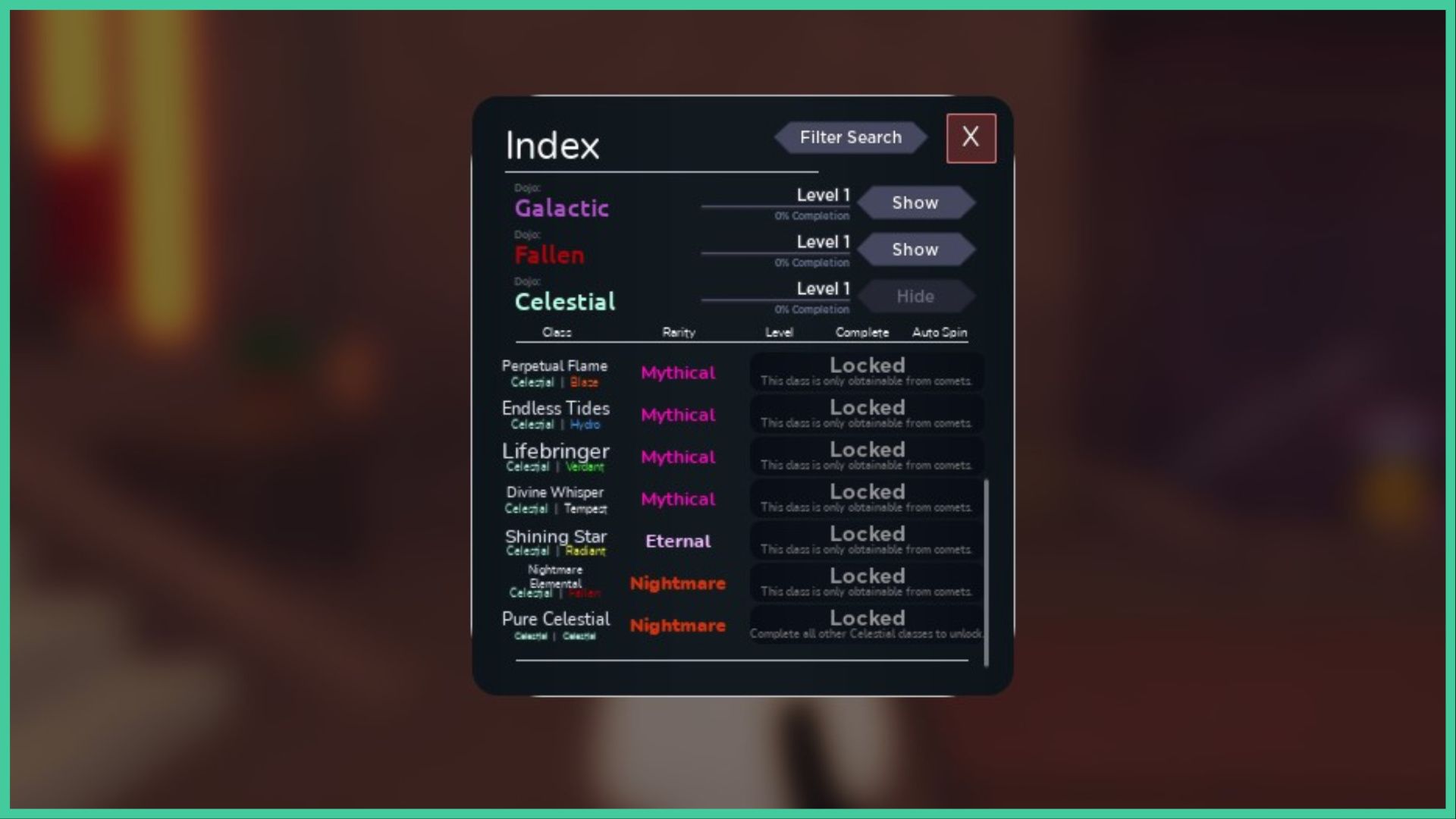 feature image for our nightmare elemental classes, the image features a screenshot from the index window of the game with a list of classes, dojo's, rarities, and elements