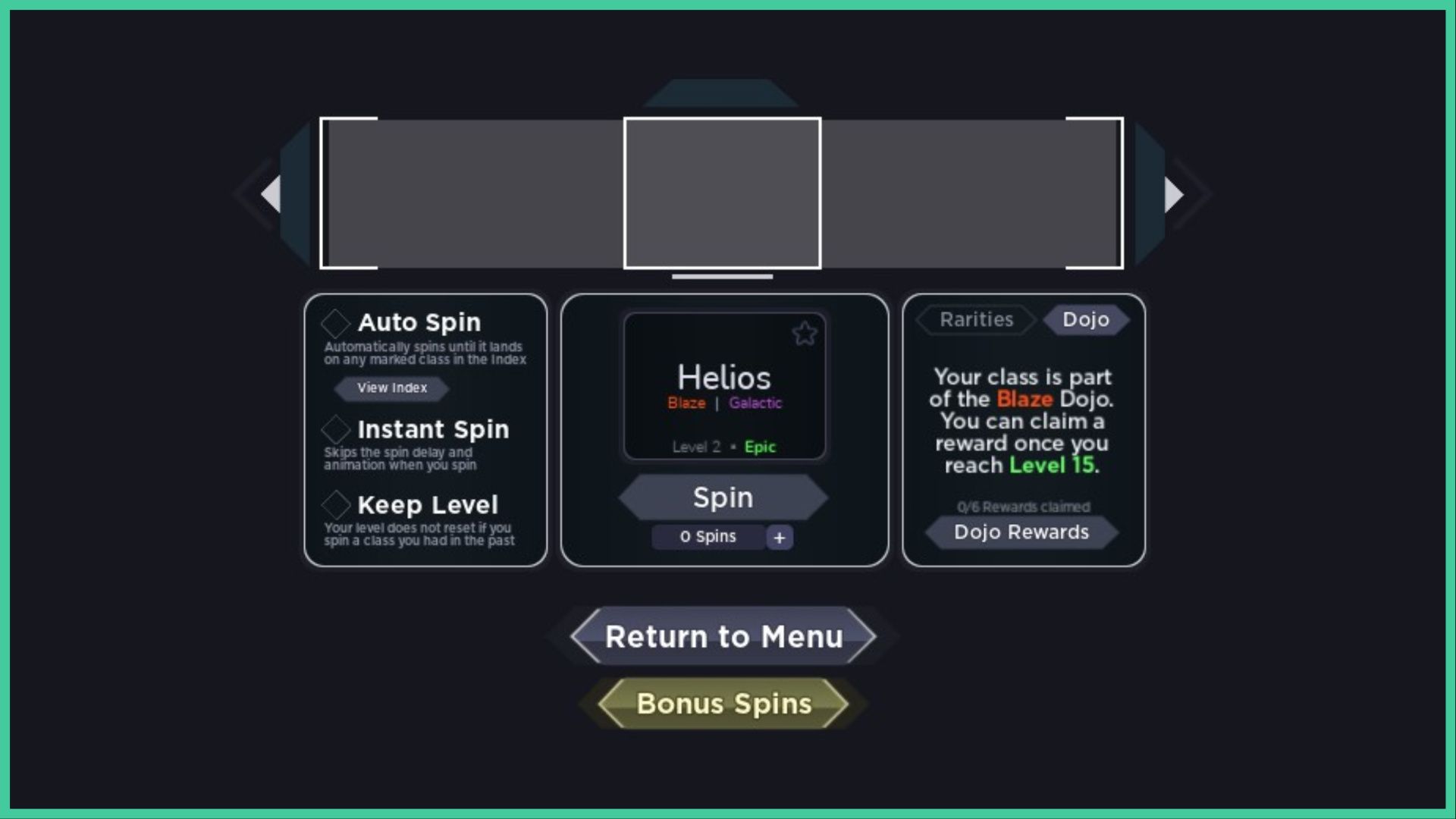 feature image for our nightmare elemental dojo tier list, the image features a screenshot from the spin menu with the rarities tab, dojo tab, spin options, and the spin button, the text in the dojo tab reads "your class is part of the blaze dojo, you can claim a reward once you reach level 15"