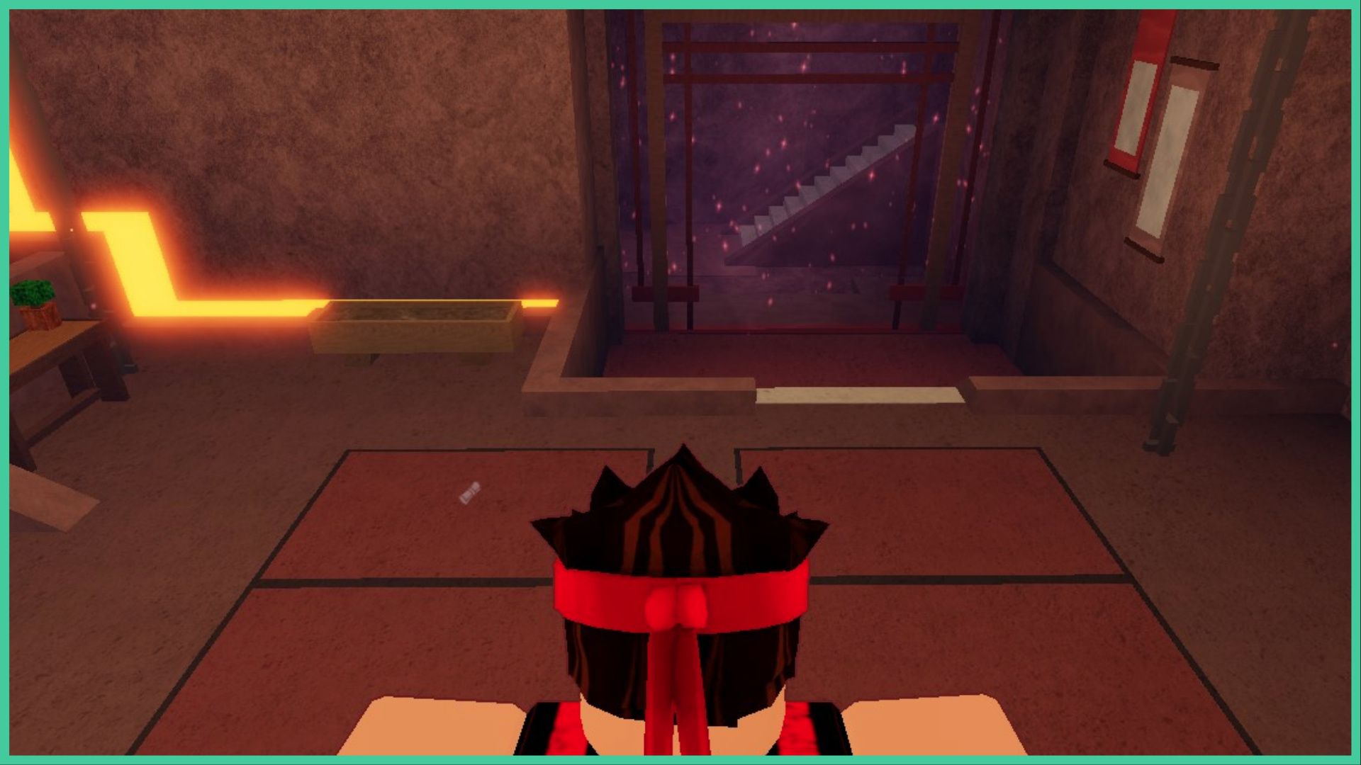 feature image for our nightmare elemental fallen guide, the image features a screenshot from the blaze dojo as you can see the dojo master wearing a headband while standing in front of the steps that lead to the rest of the map, there is a trail of laval by the wall