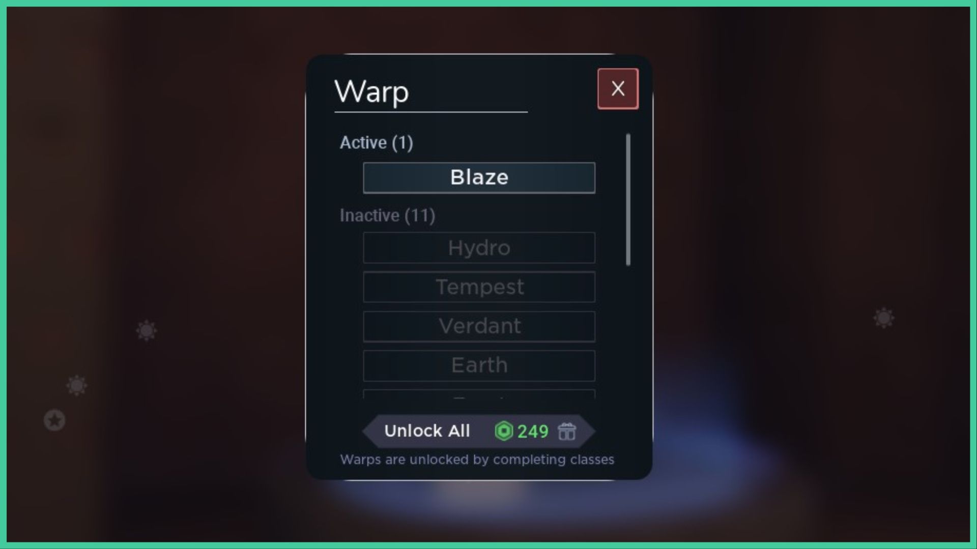 feature image for our nightmare elemental map guide, the image features a screenshot of the warp menu that you can access at each dojo which has a list of the different dojo names