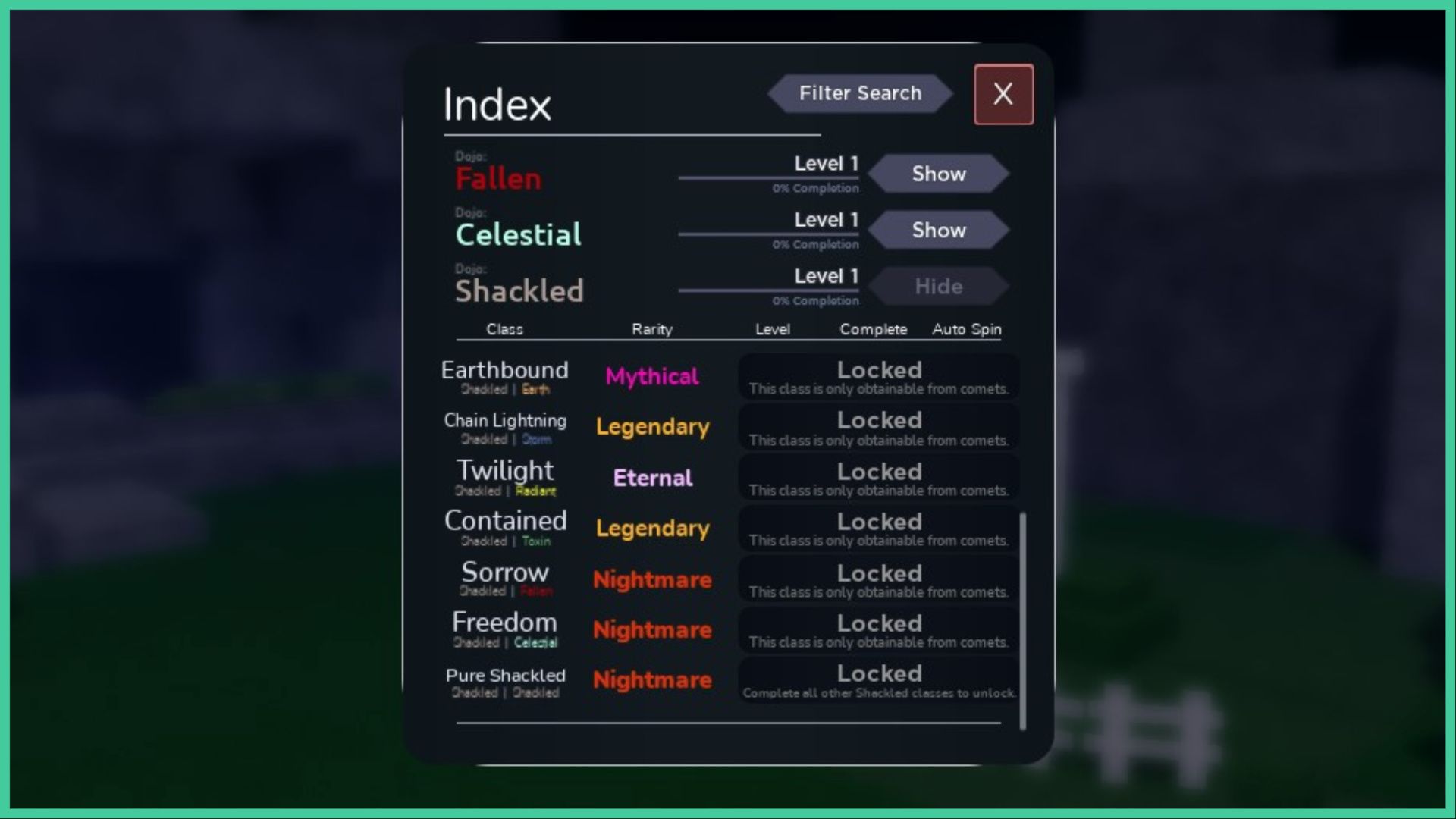 feature image for our nightmare elemental shackled guide, the image features a screenshot from the element index in the game that displays the rarities, classes, and more in regards to the shackled element and dojo
