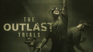 poster for the outlast trials, as three men wear headgear with goggles as they shout and look distressed, the games logo is to the left with the A , S, and the T crumbling into smaller pieces