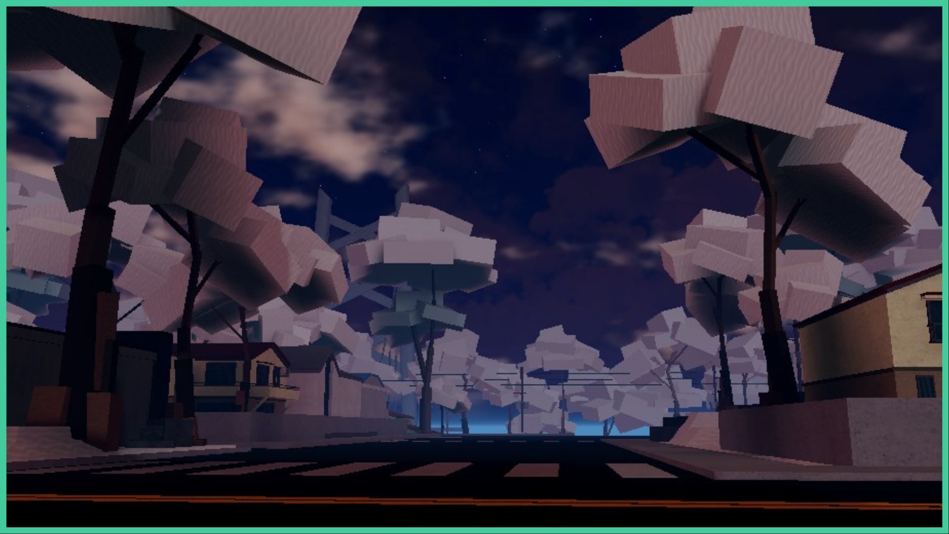 feature image for our peroxide codes, the image features a screenshot of karakura town with trees covered in snow and a road that stretches out toward the seafront, there are houses on either side of the road as dusk falls and clouds fill the sky