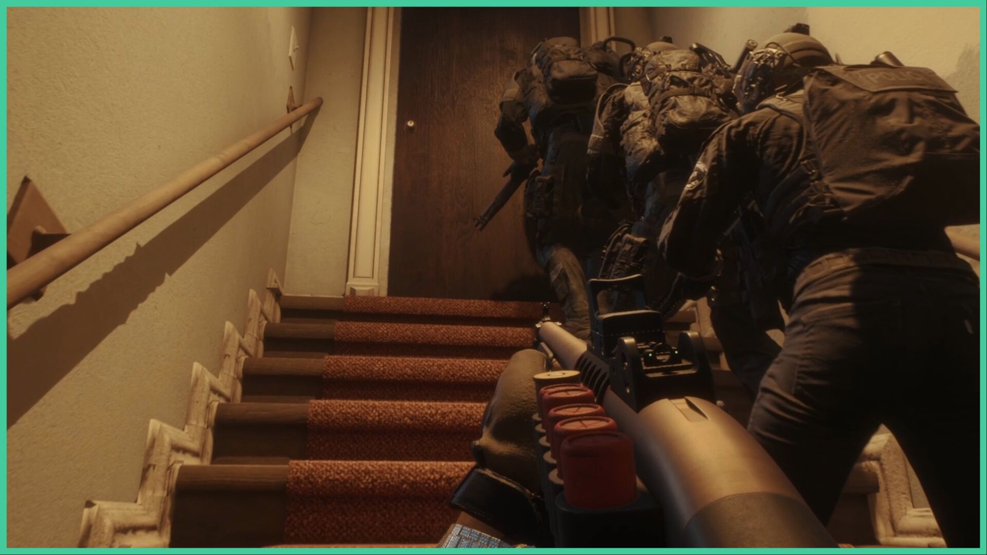 feature image for our ready or not weapon tier list, the image features a promo screenshot from the game of the player and 3 other swat team members standing to the right of a staircase that leads to a closed door, they all have their weapons ready