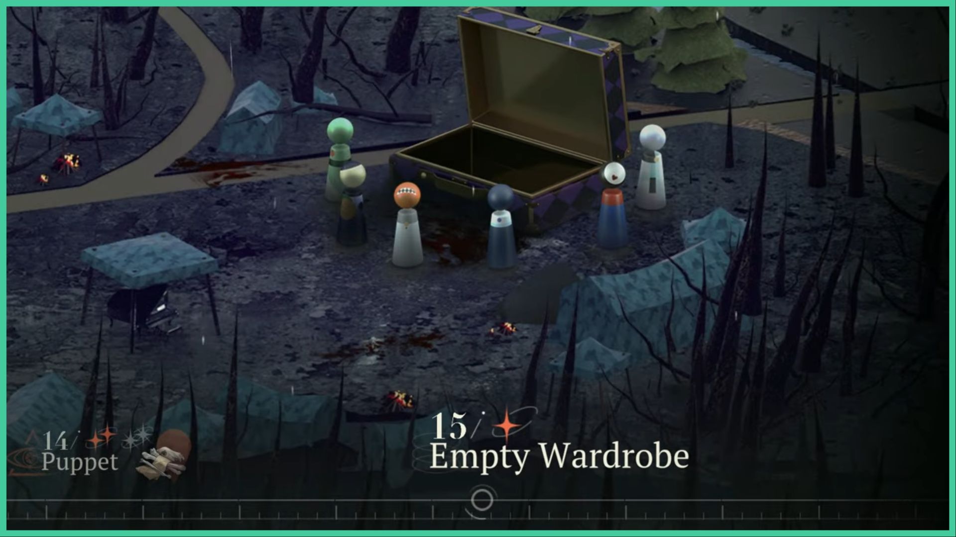 feature image for our reverse 1999 garden key guide, the image features a screenshot from the chapter 2 map of stage 15 called empty wardrobe, as small chess-like objects that are used to represent characters from the game stand around a giant open briefcase