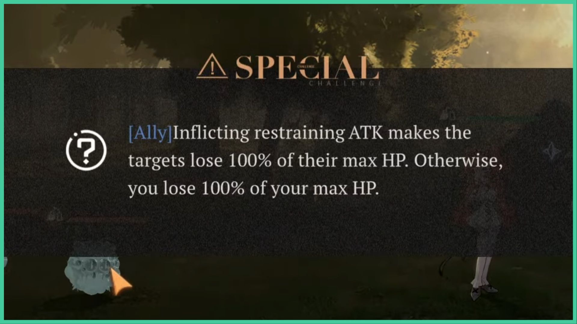 feature image for our reverse 1999 restraining training guide, the image features a screenshot from the camping guide challenge with the Special Challenge box pop up that reads "ally inflicting restraining attack makes the targets lose 100% of their max hp, otherwise you lose 100% of your max hp" in the background is sonetto preparing to attack and one of the enemy blobs to the left