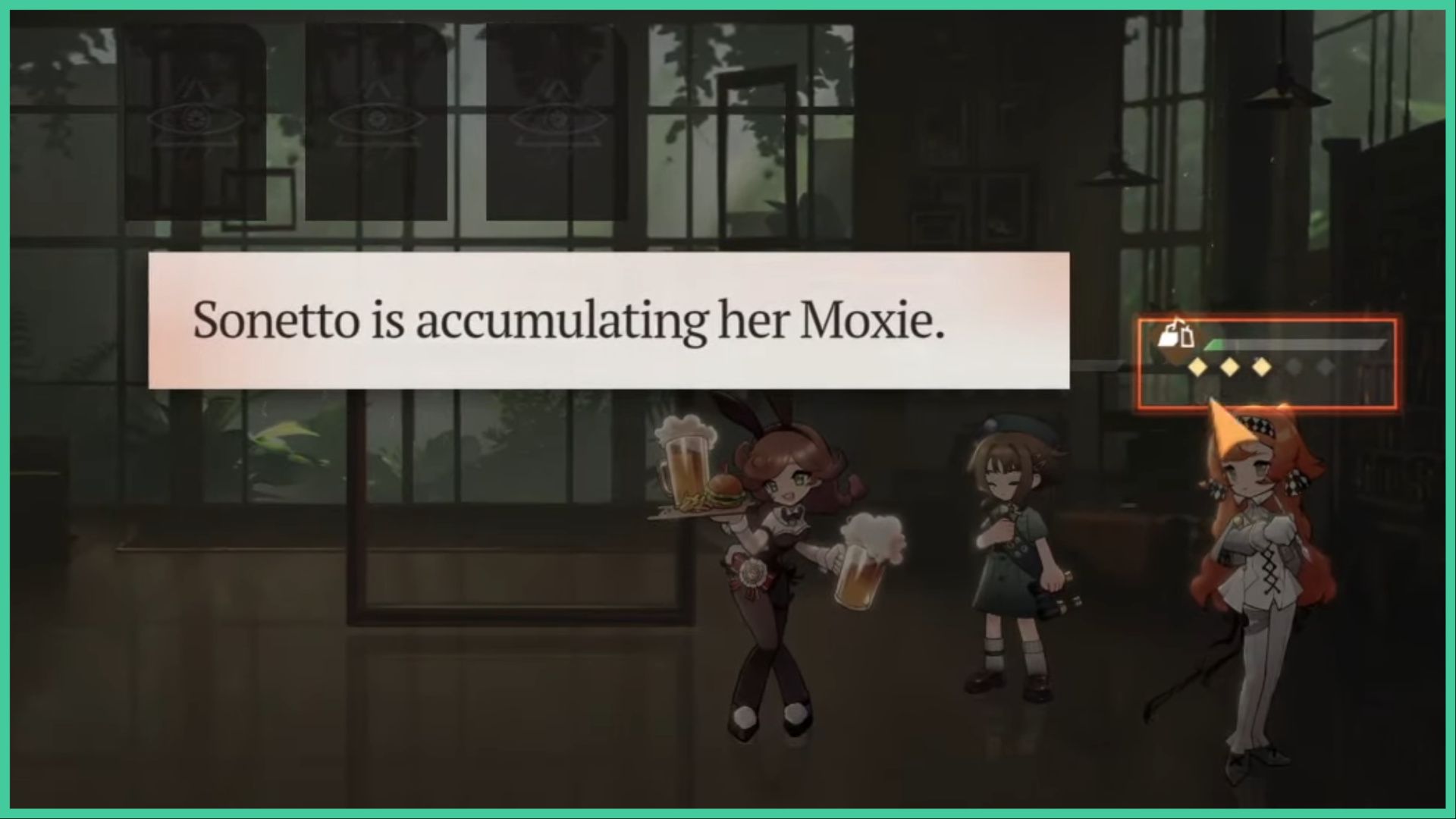 feature image for our reverse 1999 start with ultimate guide, the image features a screenshot from the stage with sonetto and two other party members preparing for combat, sonetto has 3 moxie below her HP bar as a text box appears on the screen that reads "sonetto is accumulating her moxie"