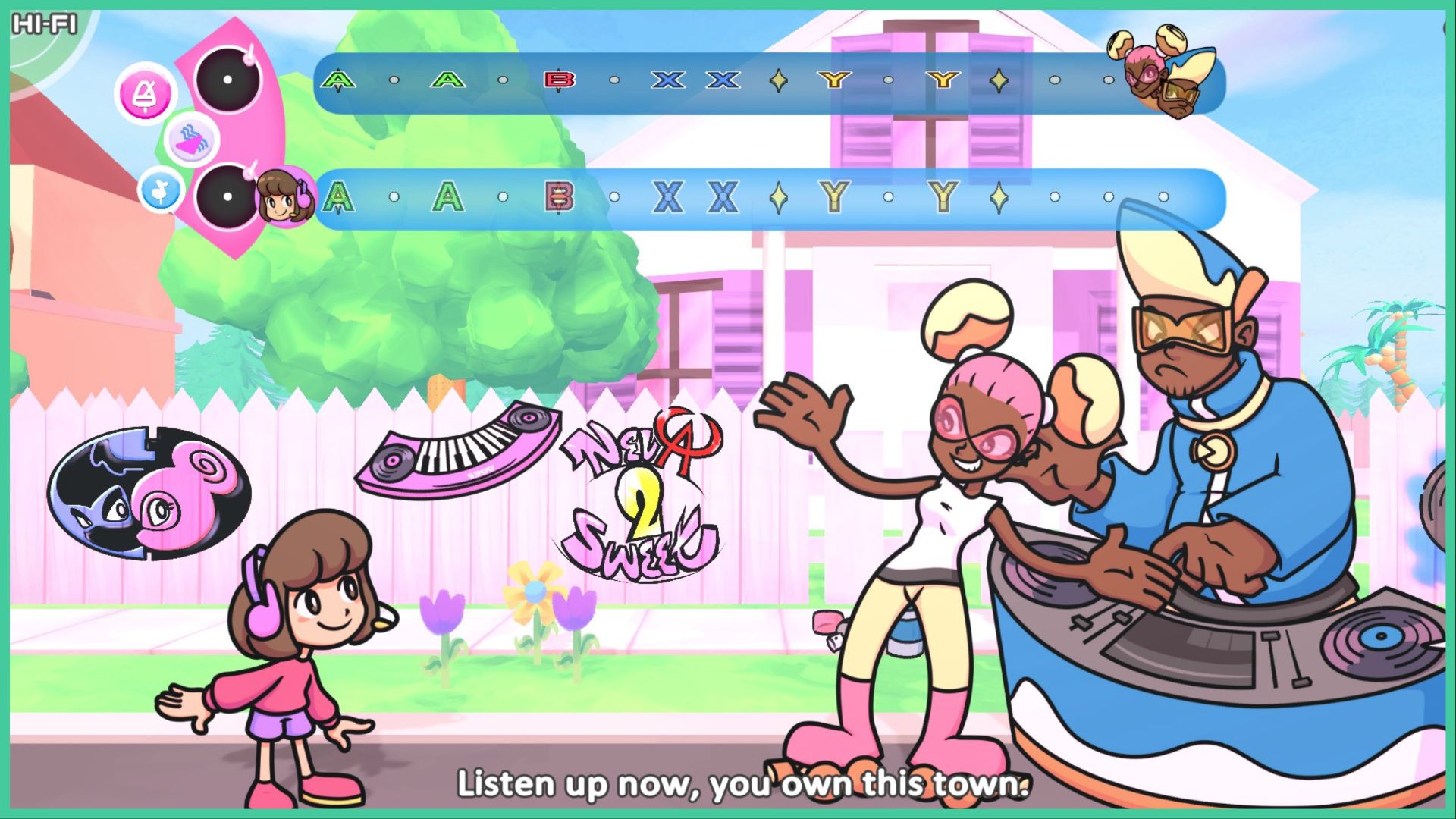 feature image for our scratchin' melodii news, the image features a screenshot from the demo of the main character standing by a pavement as she faces her opponent who has a DJ deck in front of him, as a female character smirks, there is a pink house behind them, as well as a pink fence and flowers in the grass, there are drawings of a pink keyboard, and some graffiti on the fence, as the two bars at the top indicate the order of buttons that need to be pressed for the rhythm, there is text at the bottom that reads "listen up now, you own this town"