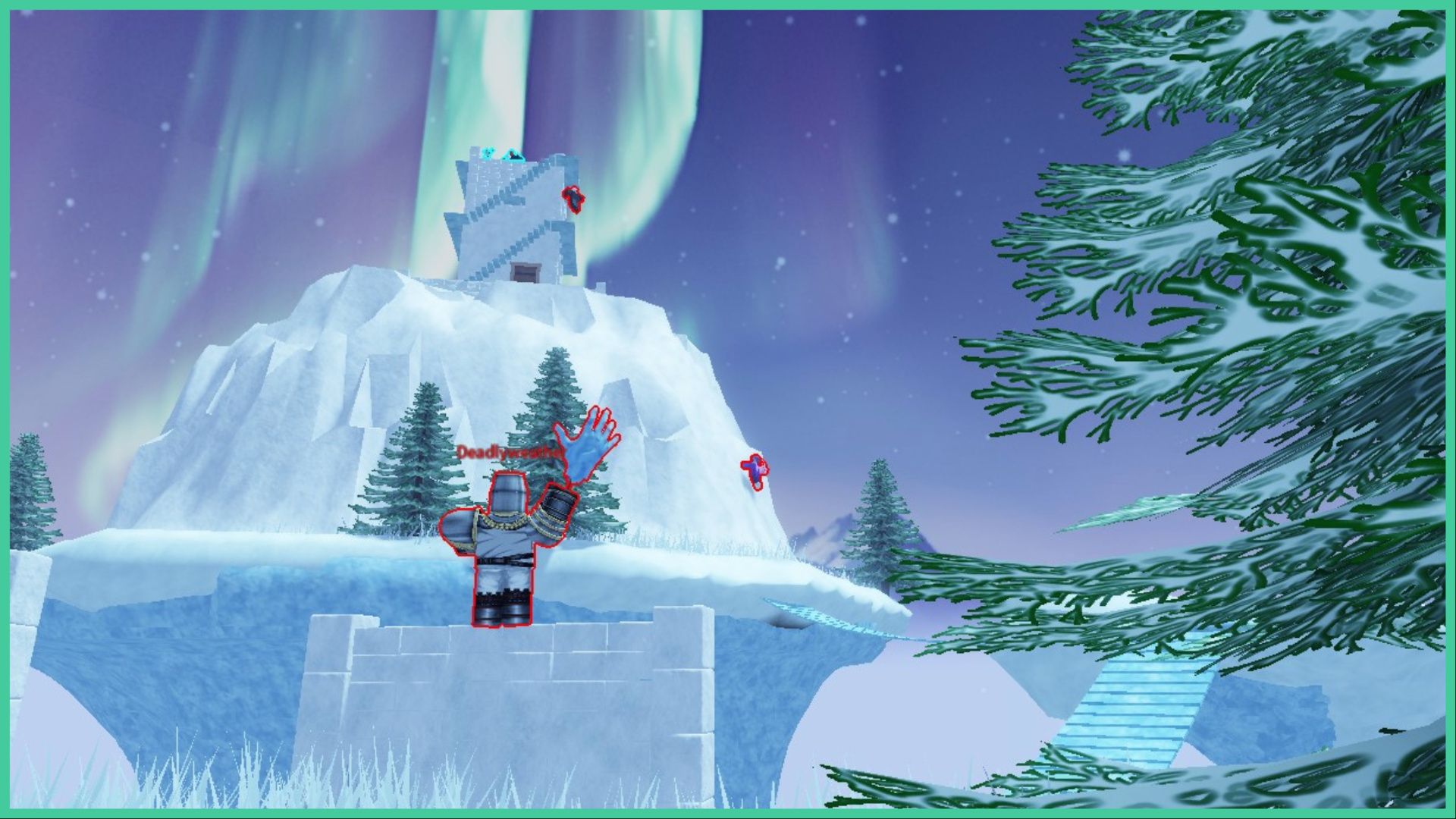 feature iamge for our slap battles santa glove guide, the image features a screenshot from the christmas event of the snowball smash challenge as players stand on top of forts to throw snowballs at eachother as the northern lights shine in the sky, the entire area is surrounded by trees covered in snow