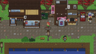 image from spirritea as residents go about their day in the town, with one riding a bike, another walking, and another using an arcade machine on the street, there are buildings by a wooden dock and lake, of which are a shop and a karaoke bar