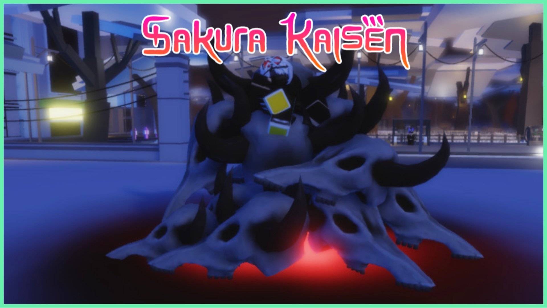 the image shows a ram head bone pile from sukunas domain and a pink title logo in the JJK font which reads "sakura kaisen"