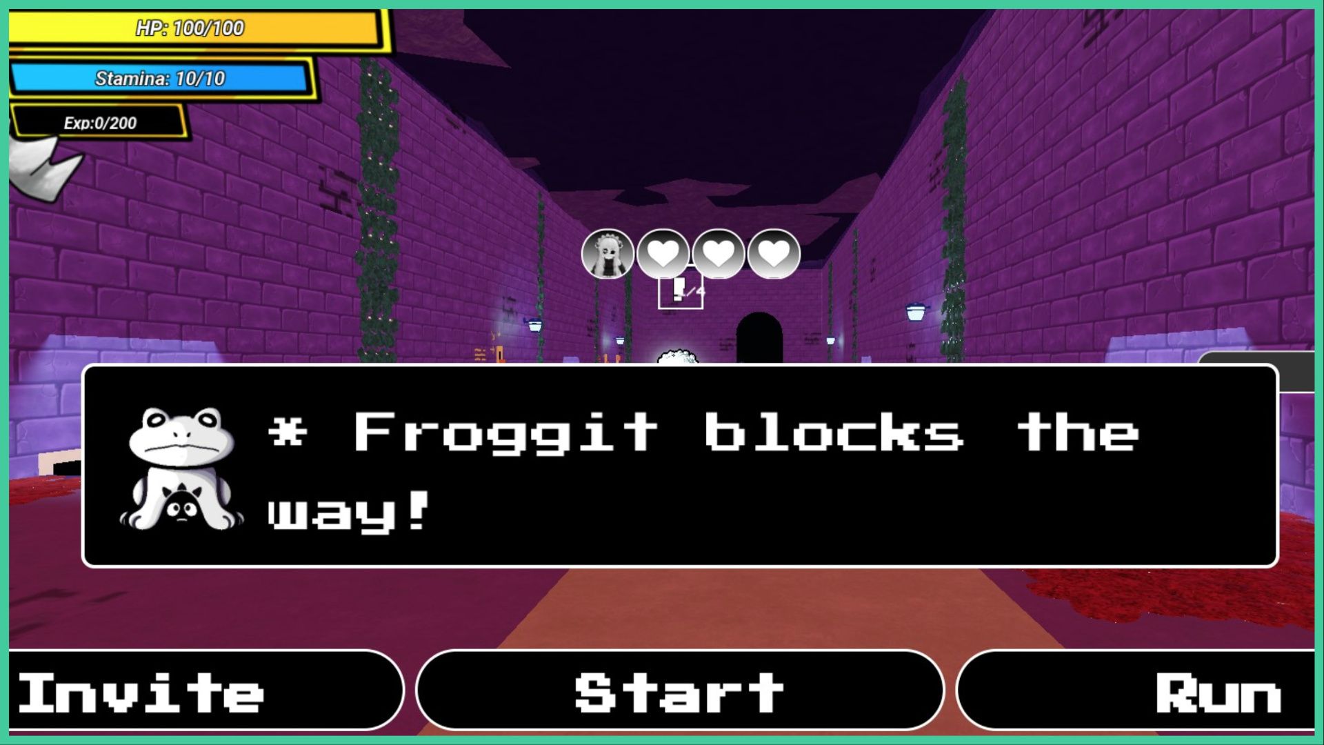 feature image for our underworld realm drops guide, the image features a screenshot of a commencing battle from the game, with the text "froggit blocks the way" with a drawing of the froggit enemy to the side, there are three buttons to choose from 'invite', 'start', and 'run', the background is of a stone dungeon with plants on the walls and lanterns, the players HP, stamina, and EXP bars are in the top left