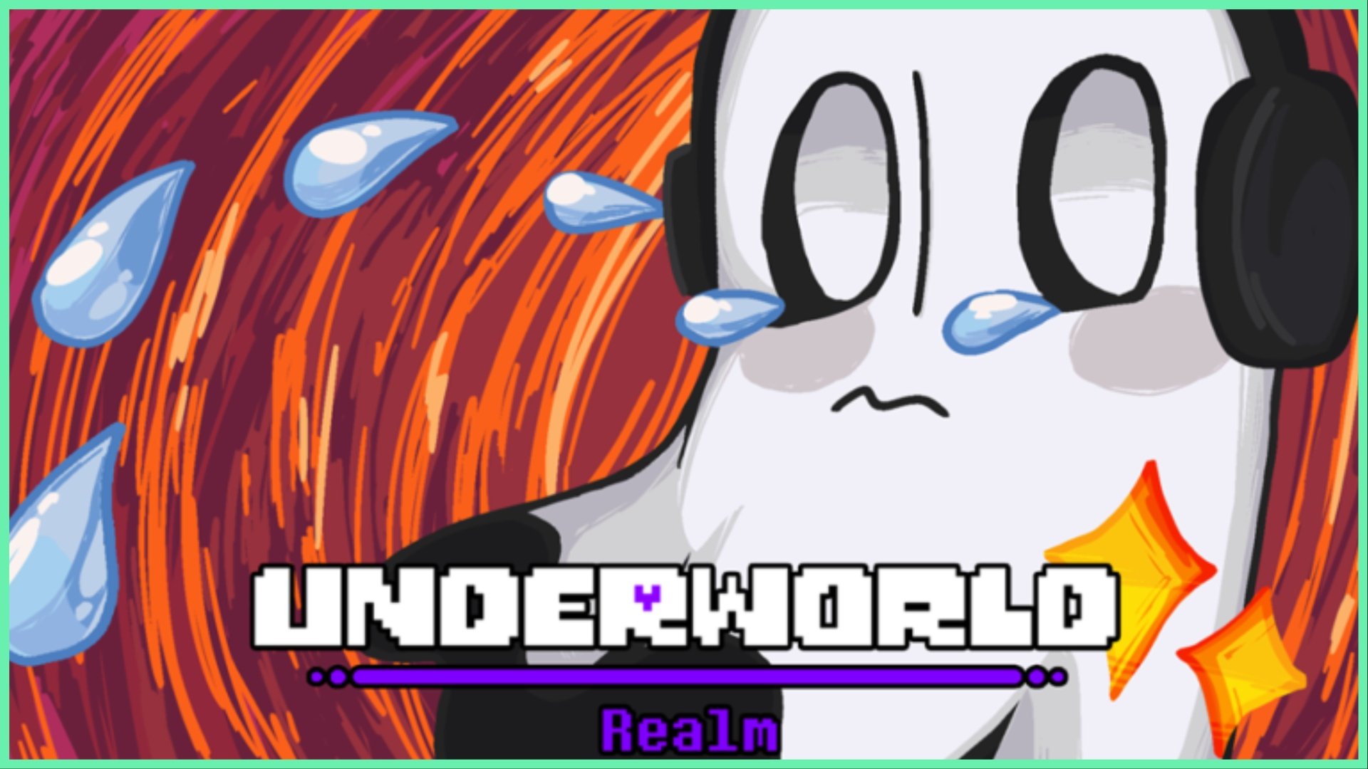 The image shows a small crying ghost with a black headset on the tears are flowing toward the viewer. The background is a circle pattern in different shades of red and orange. The game logo is written in the bottom in the undertale font