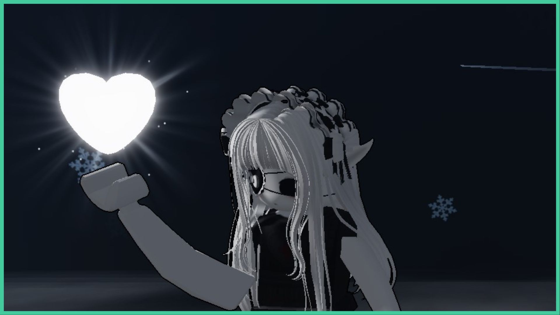 feature image for our underworld realm tier list, the image features a screenshot from the menu screen of a roblox character with an eyepatch, headband and elf ears, raising her hand toward a glowing floating heart as snowflakes fall in the background