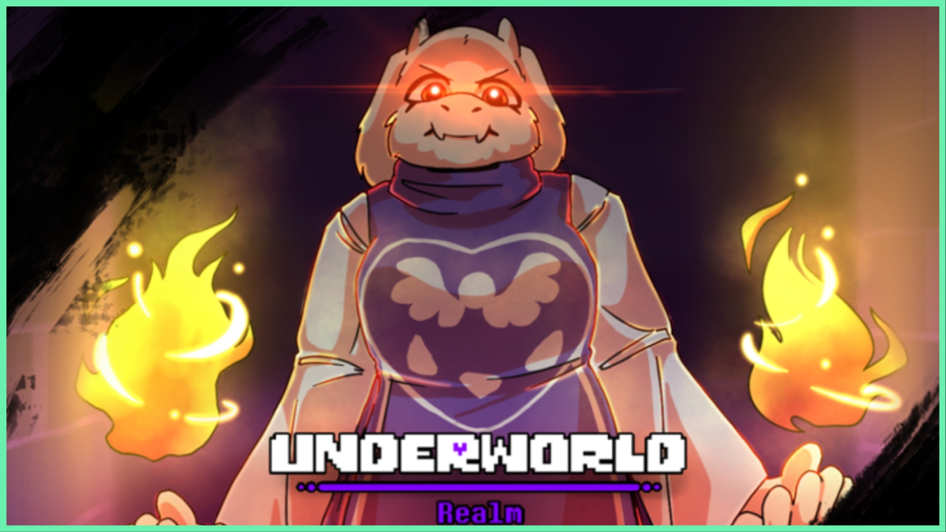 the image shows a look-up view on an undertale character who is a white female goat with a purple dress. Her eyes are a glowy red and she looks rather frustrated. Both her hands are shroud in floating fire