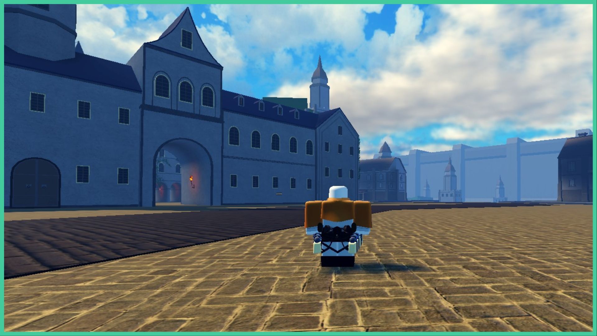 feature image for our untitled attack on titan clan tier list, the image features a screenshot from the game of the free roam game mode as a roblox character dressed in scout gear stands looking out at the tall old-style buildings with clouds in the sky