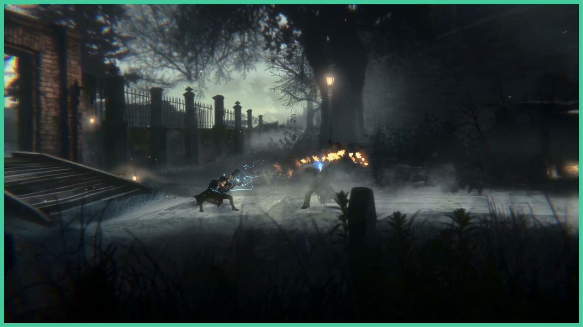 feature image for our vapor world: over the mind news, the image features a screenshot of the game as the main character blocks an oncoming attack from the enemy as fire coats the enemy with electric bolts around the main character, they are standing on a pathway surrounded by bushes, grass, and tree silhouettes, with a brick doorway and metal gates to the side, there is one streetlamp to light up the area
