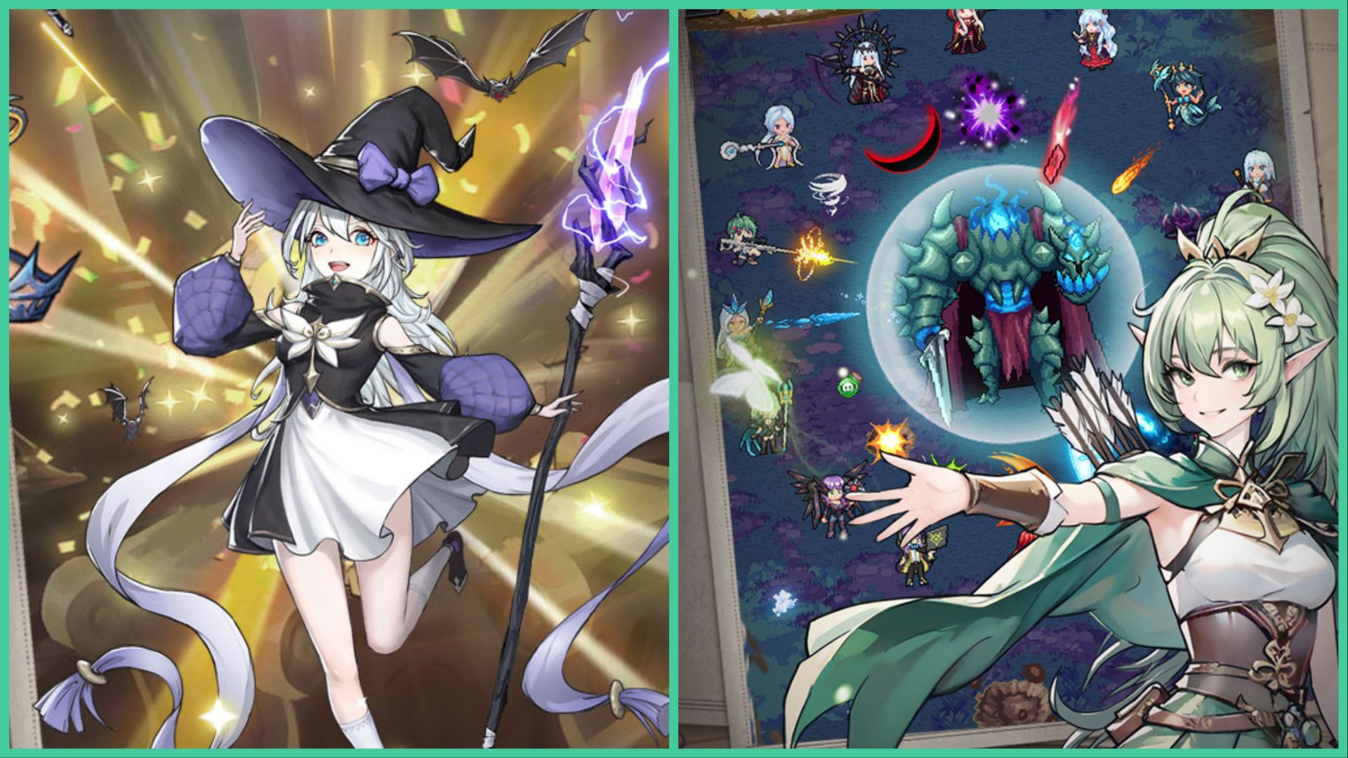 feature image for our witch tower: flash codes, the image features two images from the game, with one being of a witch wearing a witch hat as she holds a staff crackling with electricity, there is also a screenshot from the game of a boss fight as a group of witches circle it and attack, with a drawing of one of the elven characters holding her hand out and smiling with arrows strapped to her back
