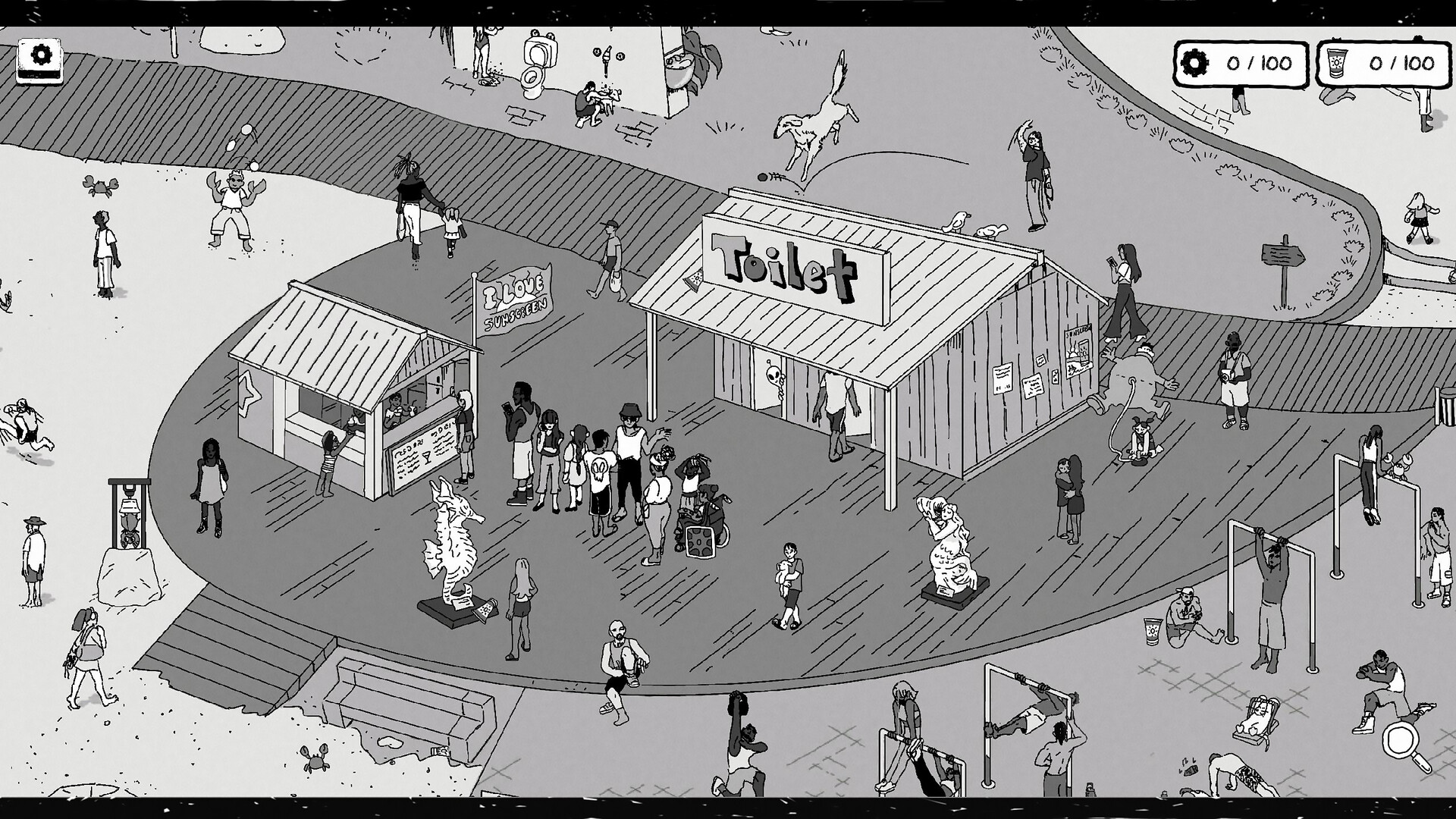 Scene of Beach with people, animals, pull up stands, refreshment stores and toilets. Image is from 100 Hidden Kooky.
