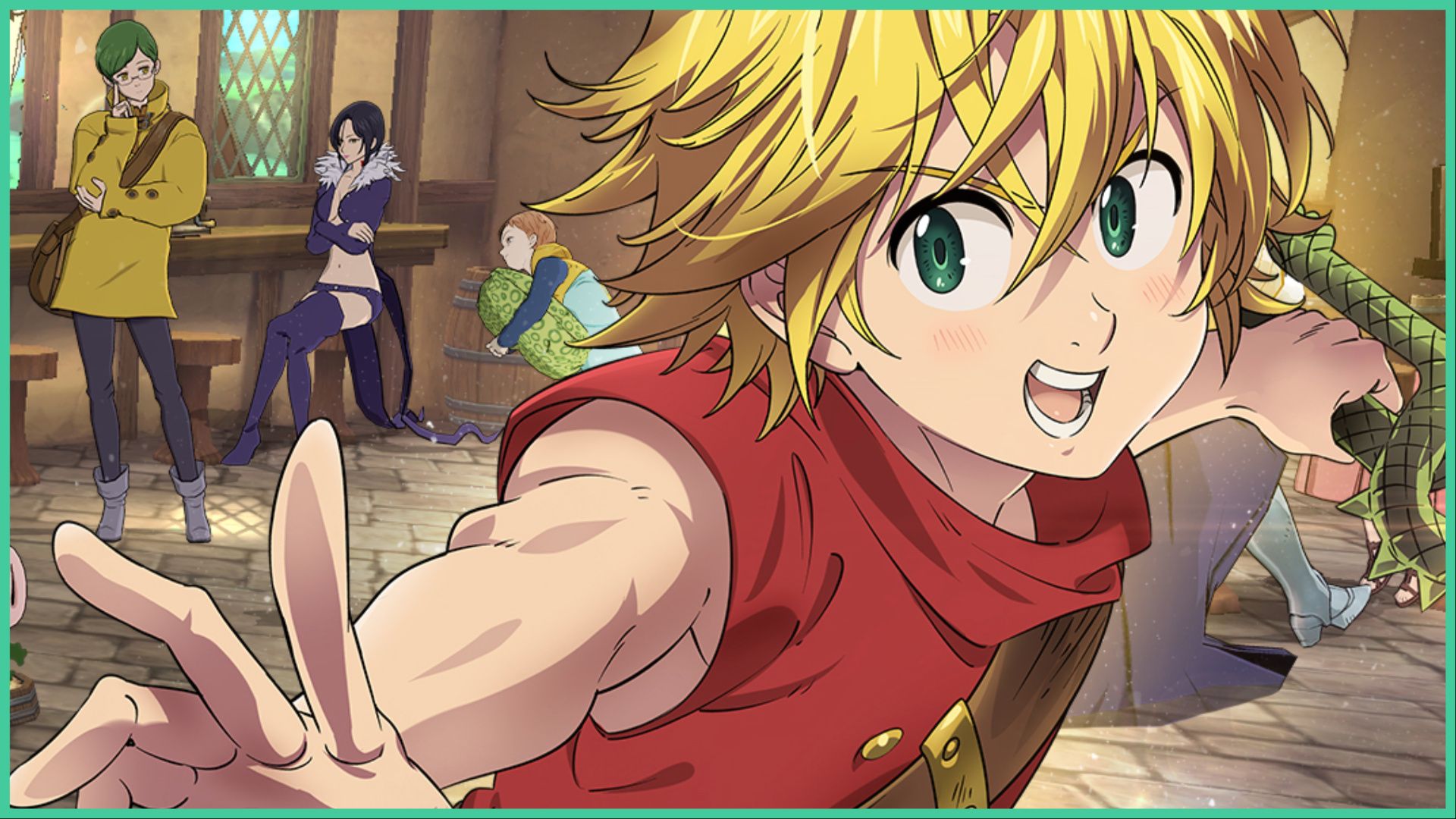 feature image for our 7ds grand cross tier list, the image features promo art for the game of characters from the seven deadly sins franchise inside a tavern, with the main character, meliodas, at the forefront smiling as he holds his weapon back and reaches his hand out