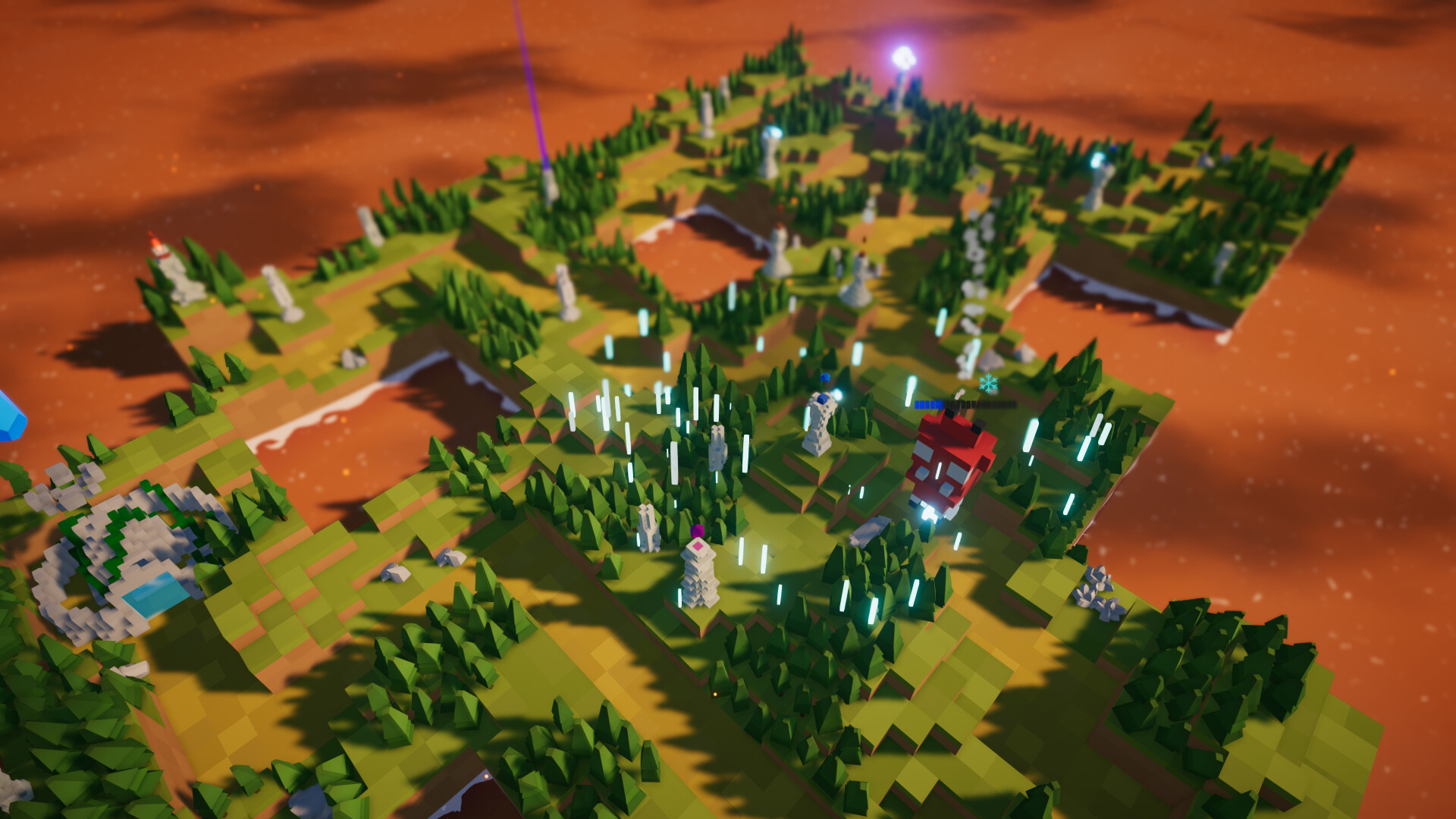 Grassland landscape with multiple big tower like structure. Image is from game Crystal Guardians Prologue.