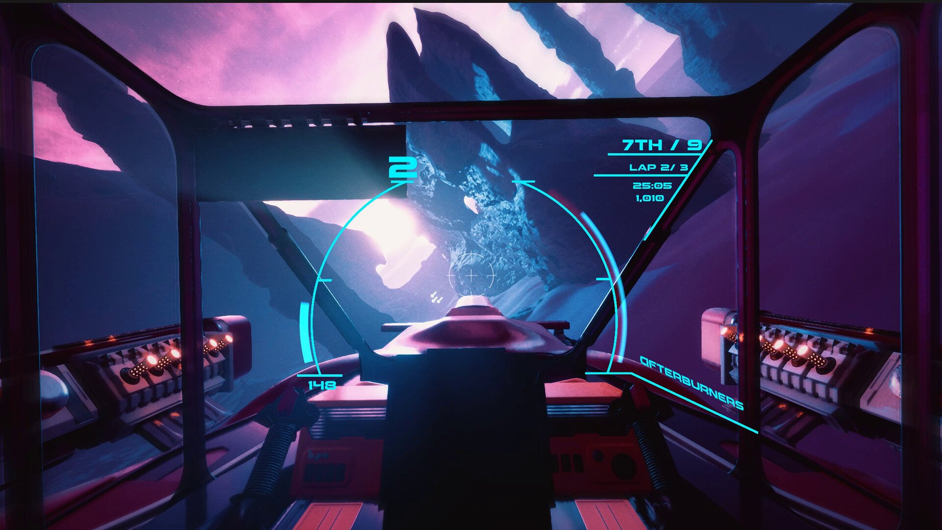 A player racing jets in the space. Image is from game Dagger Run: Aerocombatic Racing.