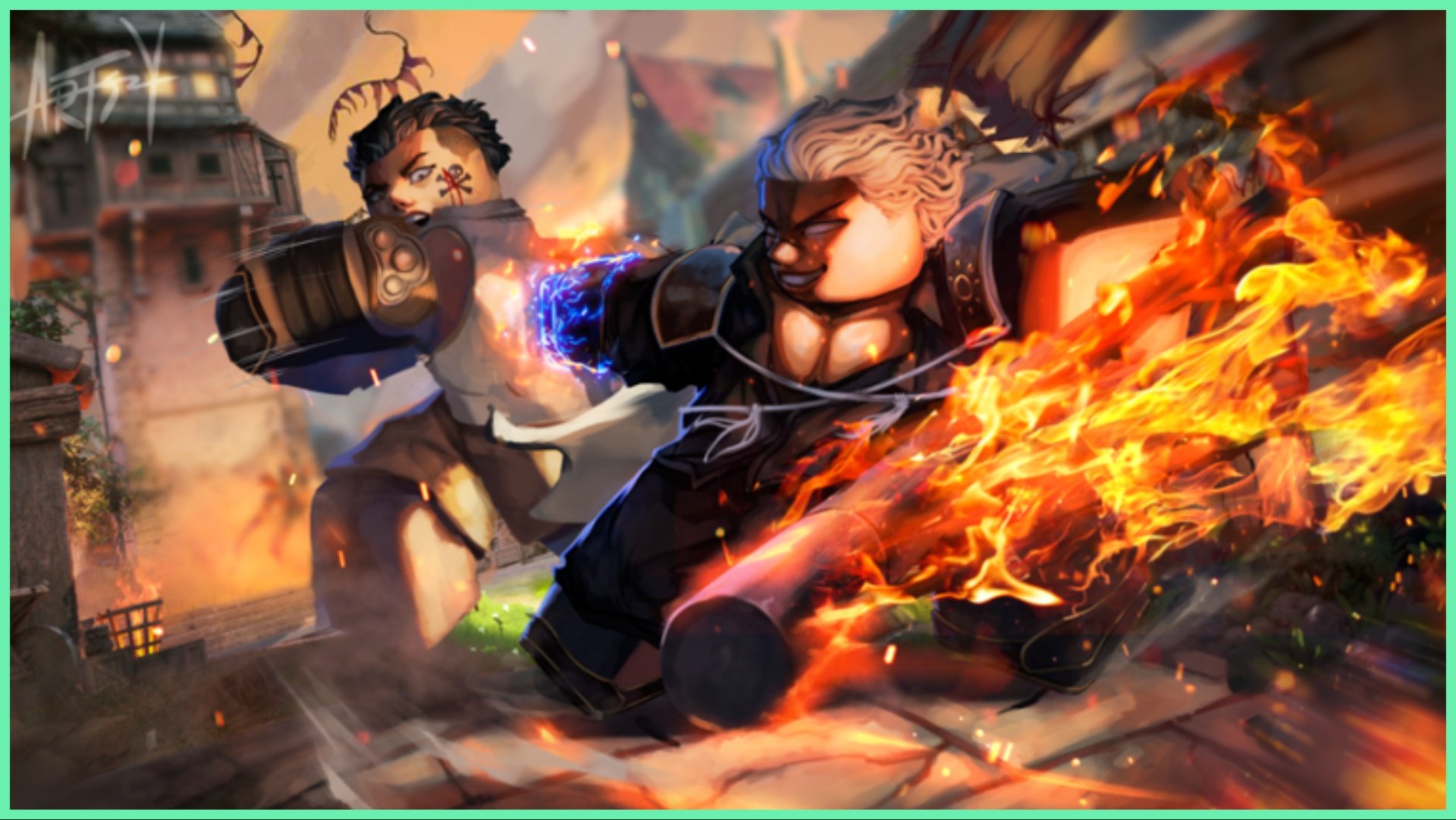 the image shows two characters drawn in the roblox style locked in combat. The one closer to the viewer has a flame like aura around him as he strikes the other player who has a shocked expression and appears to be trying to escape him