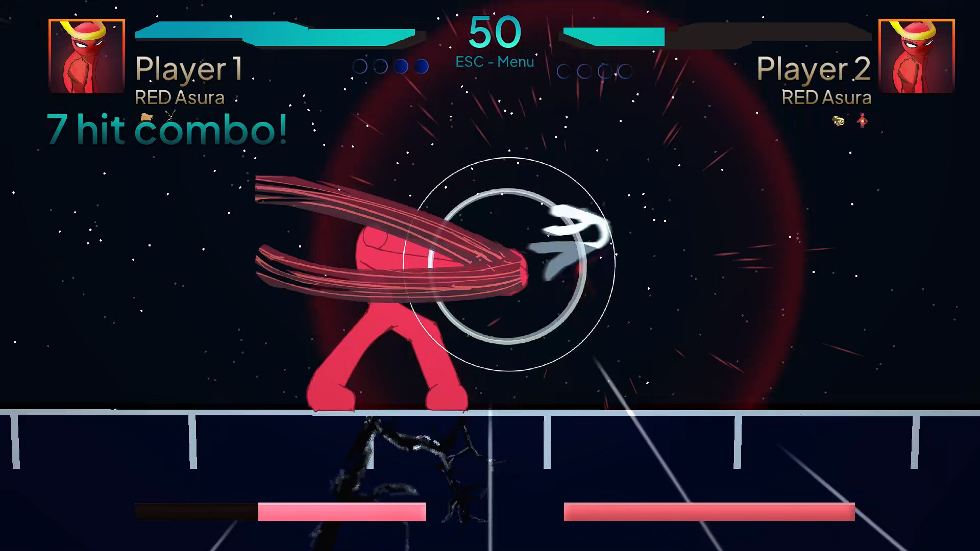Combat interface with two anime characters fighting. Background is dark there is health indicators on top corners. Image is from game God of Stickfights.