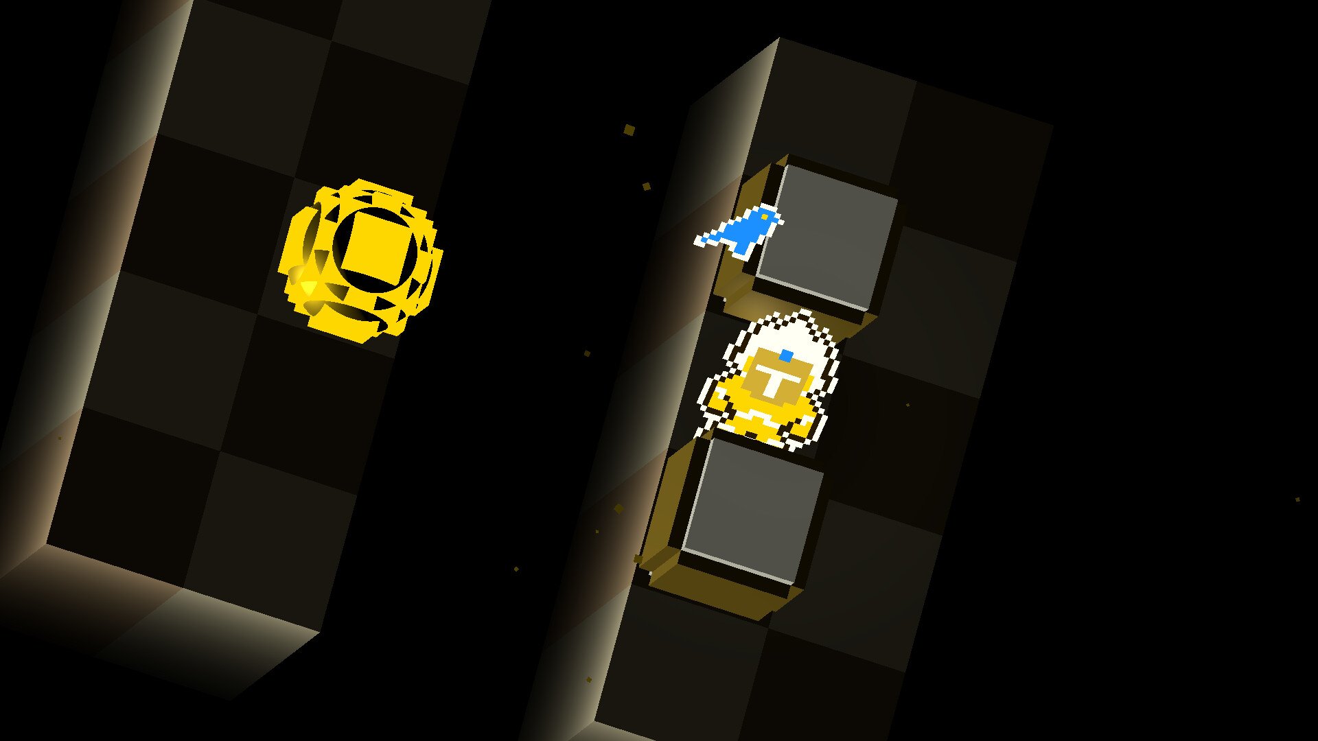 A puzzle interface with dark background, there is a humanoid pixelated character standing by a bird with a golden orb on the platform across. Image is from game Gold Knight.