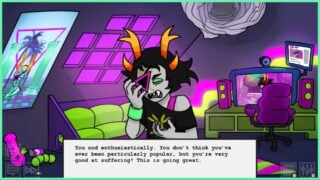 the image shows one of the trolls, Cirava from hiveswap who is in a very LED pink and green hued room. He looks distressed as he holds his face.