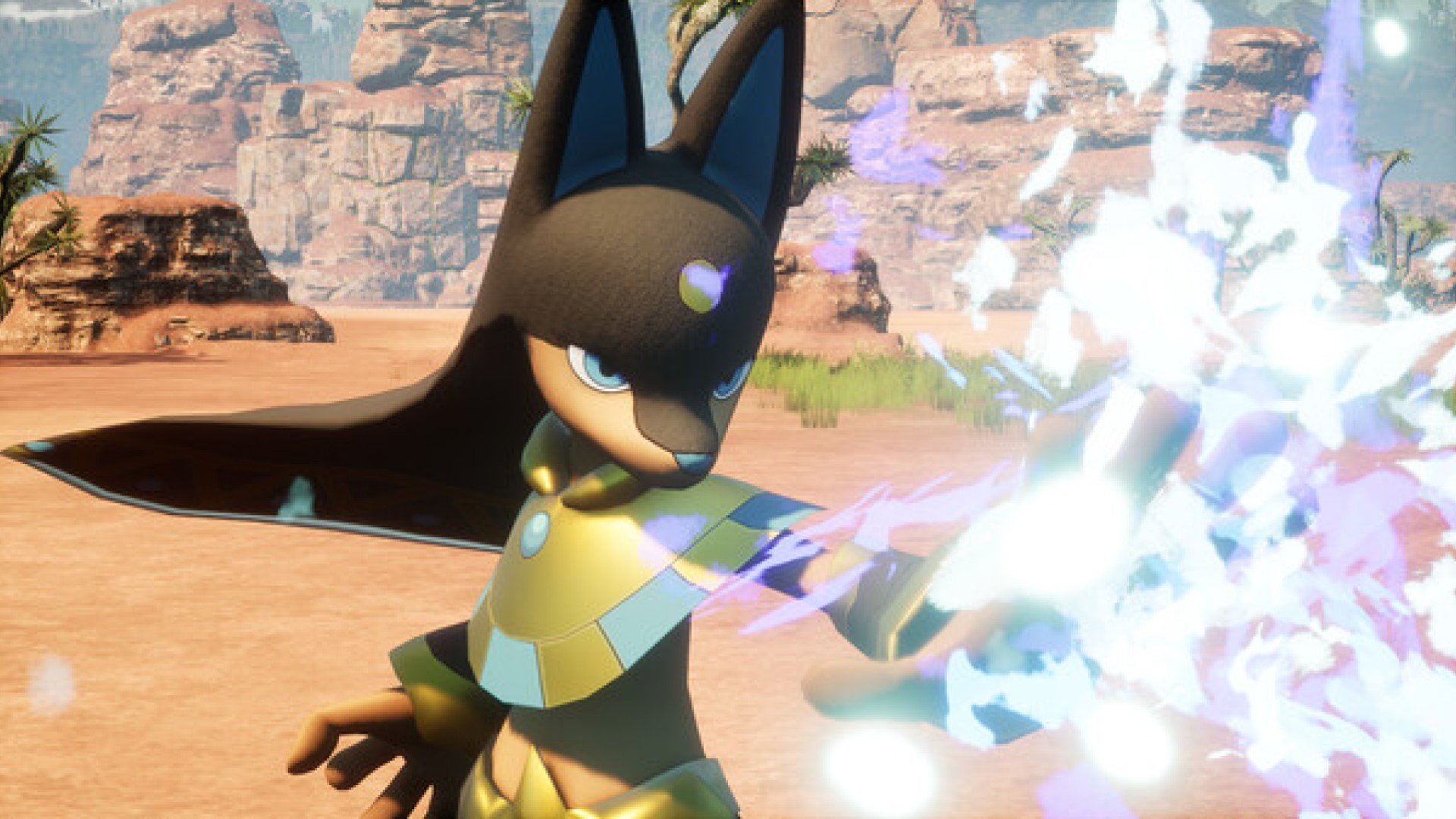 Anubis, a Pal from Palworld, unleashing a powerful-looking attack. He is black and gold in colour, with a dog-like appearance. In the background, a rocky desert landscape.