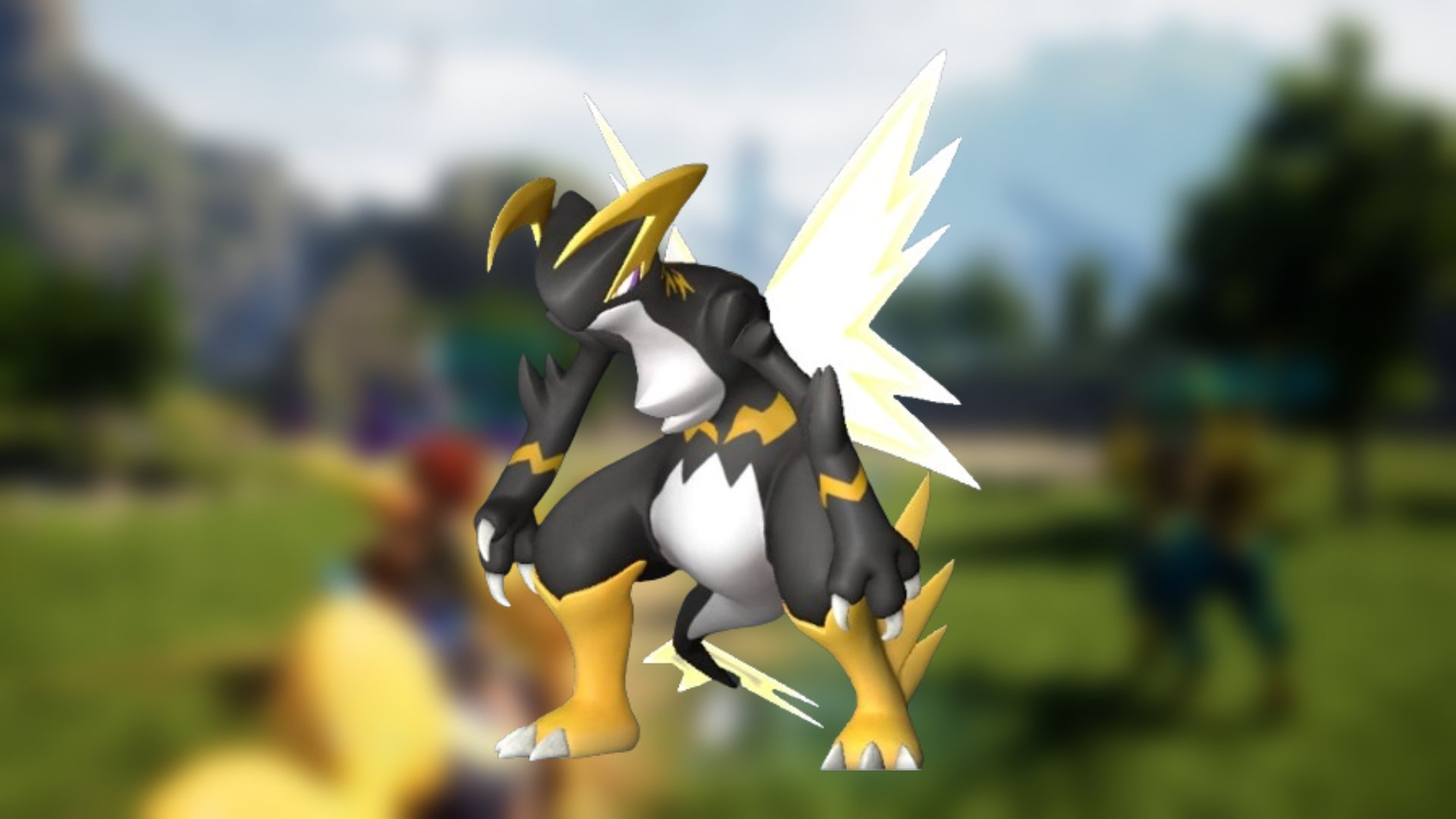 An image of Orserk from Palworld. It's a black, white, and yellow dragon-like creature with sharp horns and jagged wings. The background is a blurred screenshot from the game.