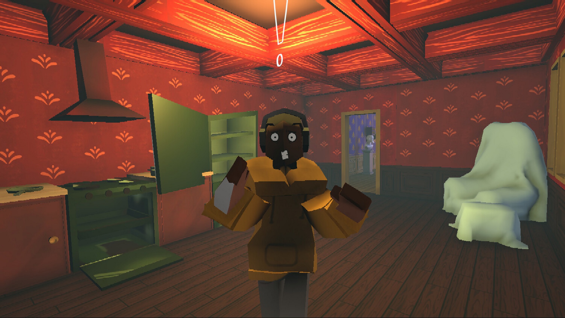 A player in ghost costume in a room. Image is from game Manor Madness.