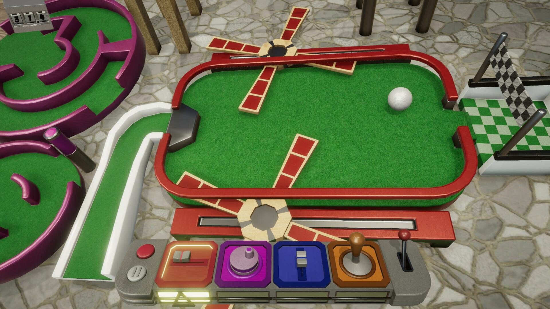 Image is from game Mighty Marbles. It features multiple toy like structure - wind mill fans, slider, Courtyard and controllers.