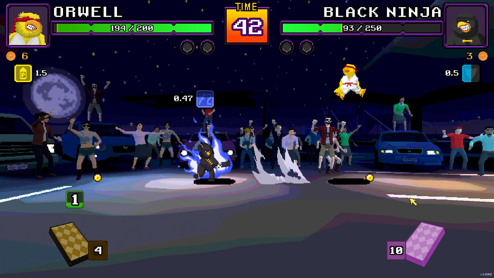 A cartoonish gameplay with characters fighting out in 1x1 battles. Screenshot is from game Mutant Karate Canary.