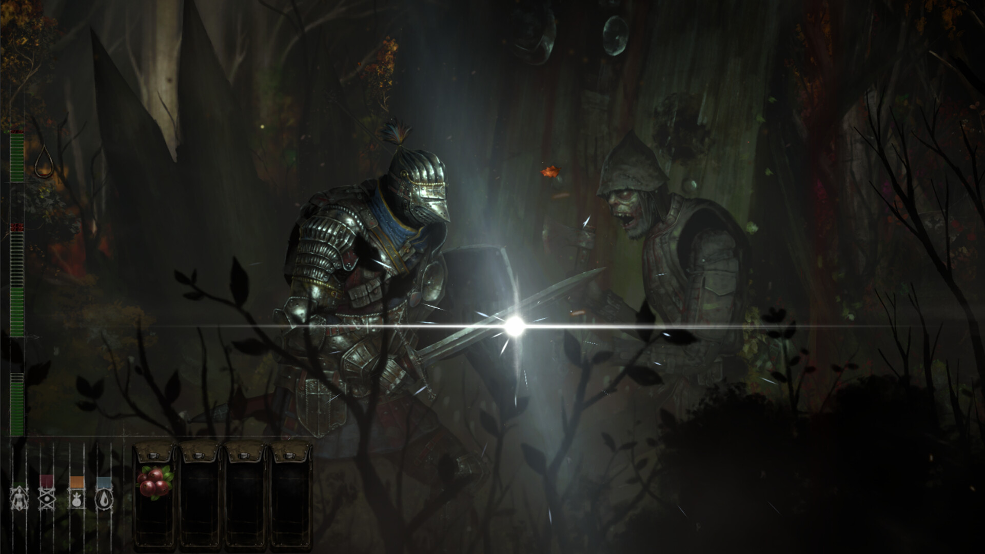 Two characters fighting with swords in a dark background. Image is from game NightFall Shade.