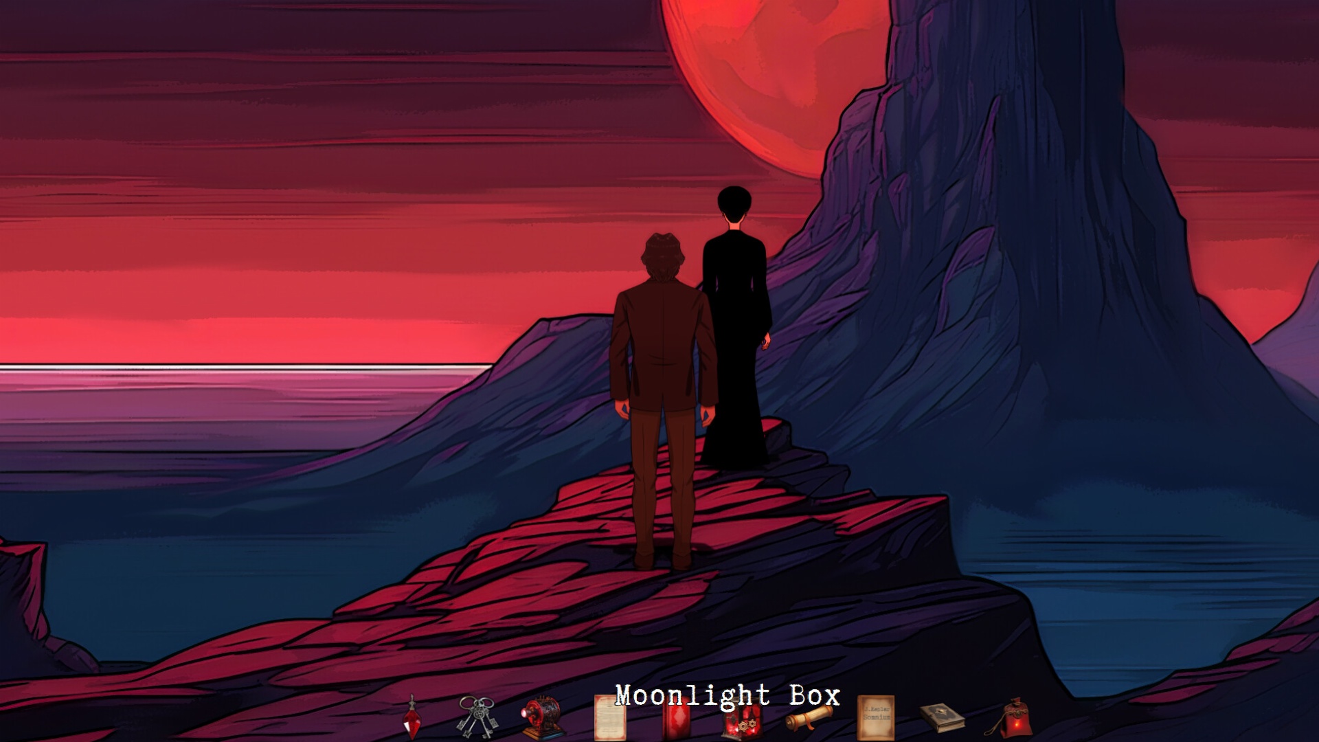 Two game characters standing in a dark night overlooking a mountain. Image is from the game Owl Observatory.