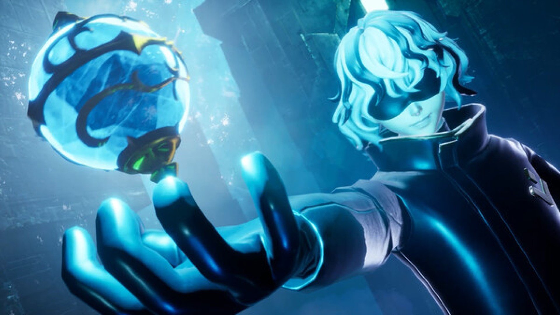 A character from the game Palworld, shown bathed in blue light, holding a Pal Sphere in their outstretched hand. The character is wearing sunglasses. In the background, dark buildings loom.