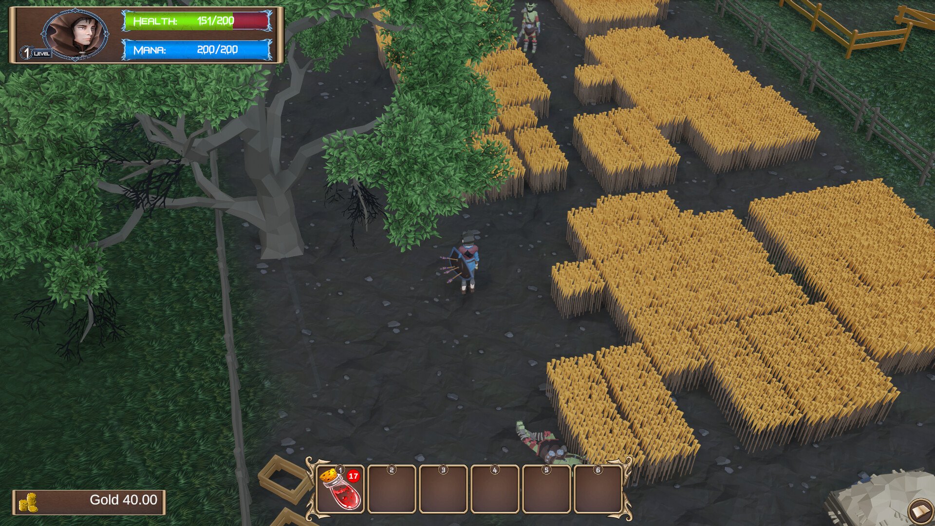 Agriculture field with plants and a big tree. Image is from game Rise of the Village Hero.