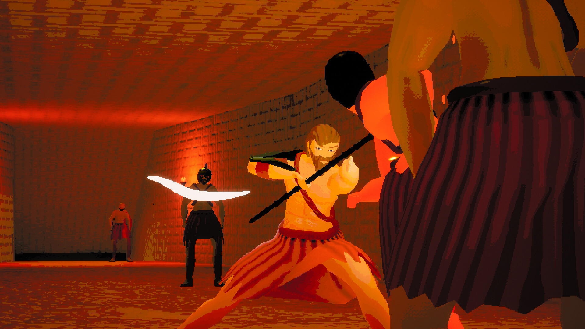 A player trying to fight off enemies in a low lit room. Image is from game Slay the Minotaur.