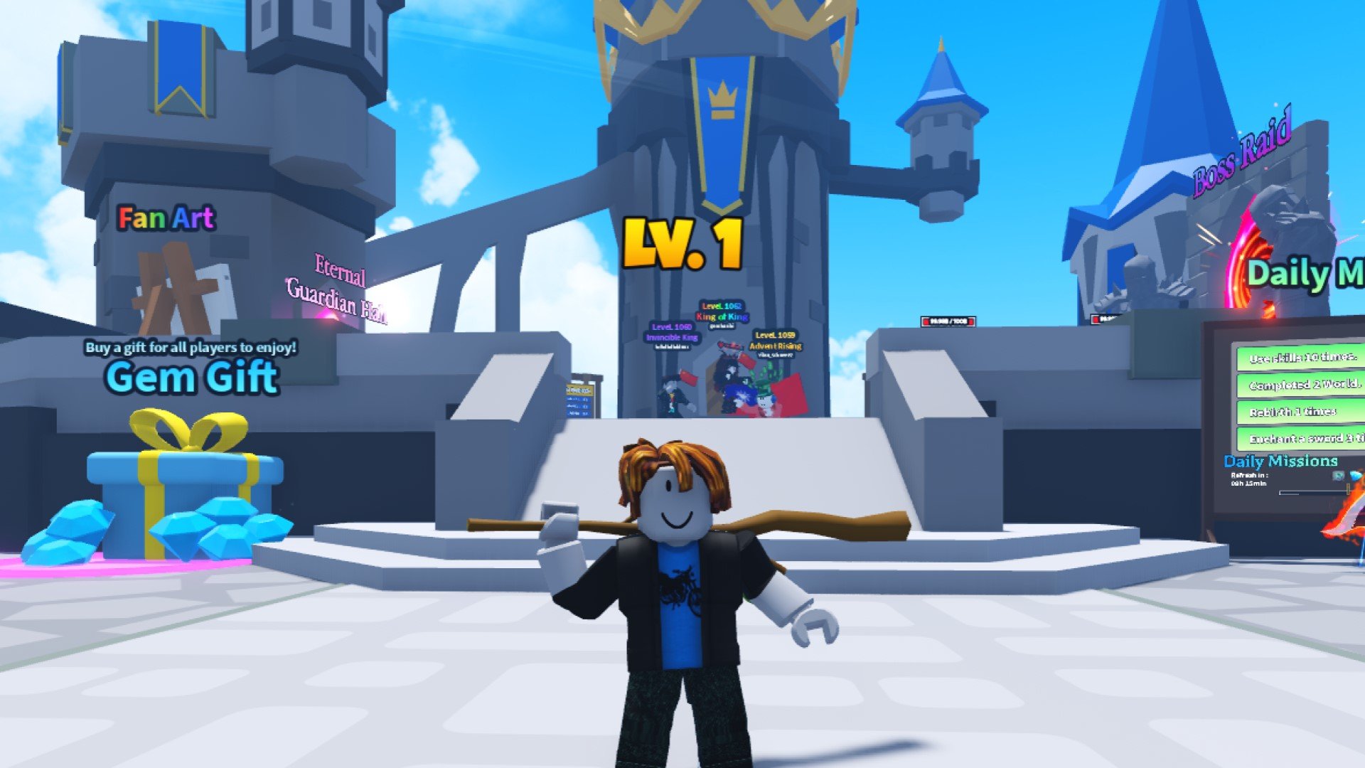 A level 1 character from the Roblox game Sword Warriors. He has ginger hair and carries a stick. In the background, an impressive castle looms overhead.