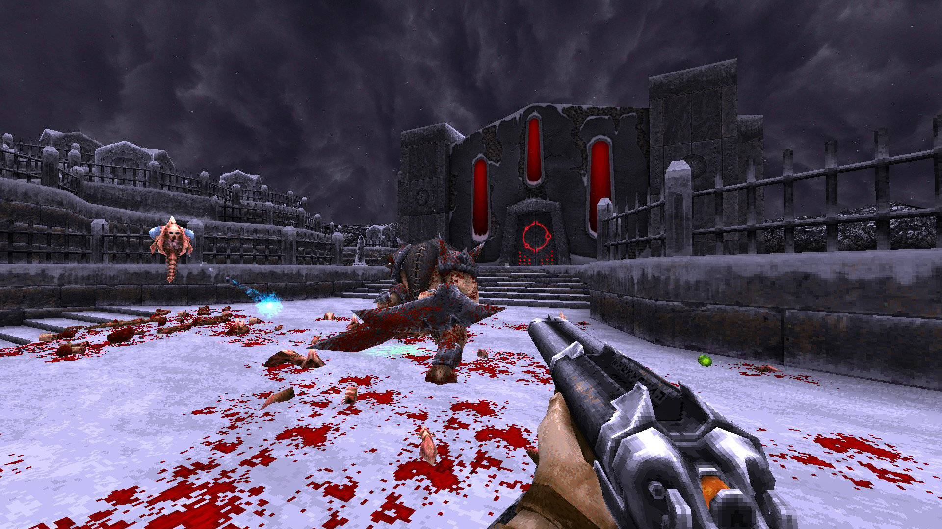 A player shooting at enemies on blood covered snow background. Image is from game WRATH Aeon of Ruin