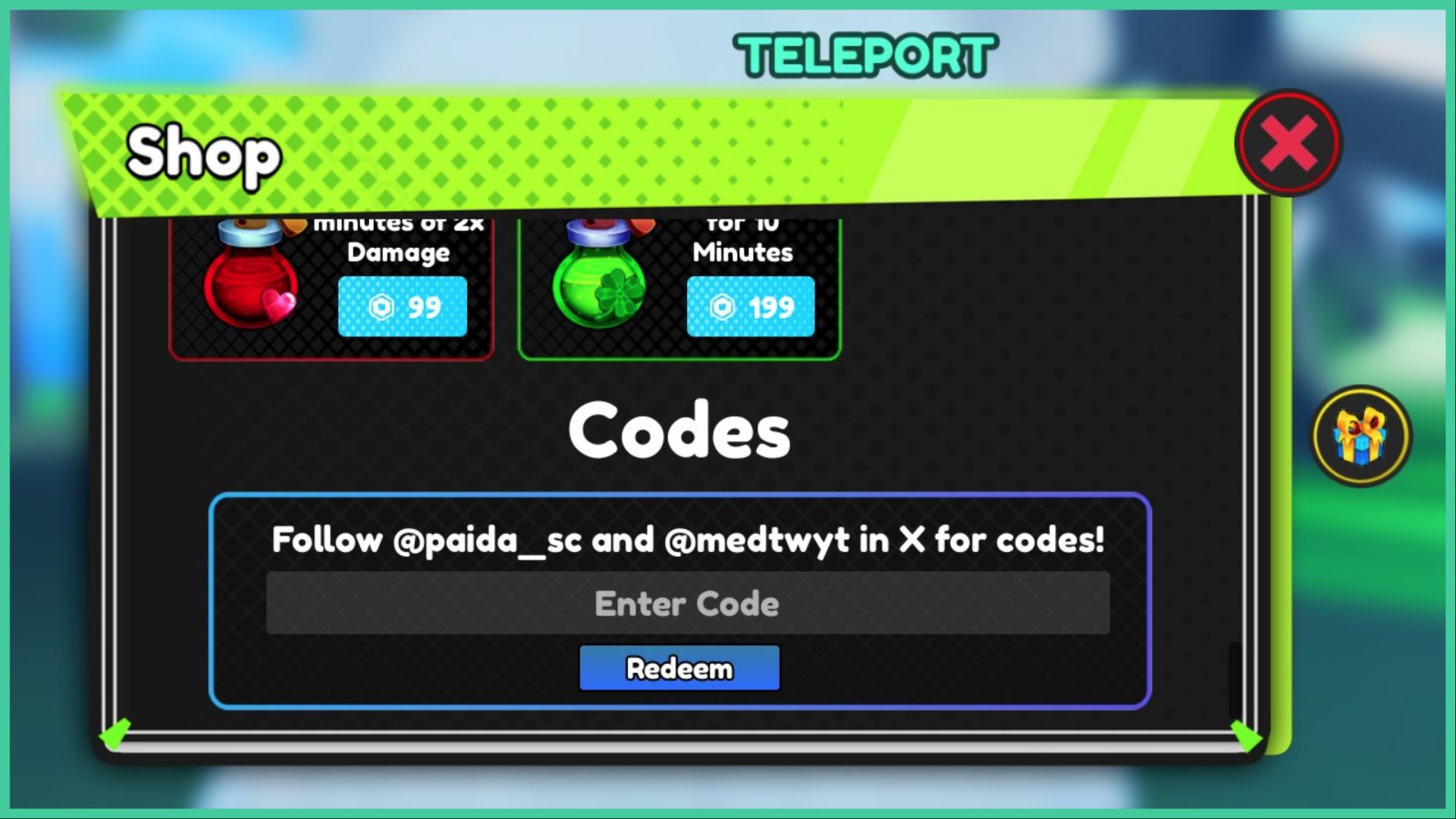 feature image for our anime fantasy simulator codes, the image features a screenshot of the shop window that pops up in the game, with the codes section at the bottom of the window with a text box and a button to click to redeem codes