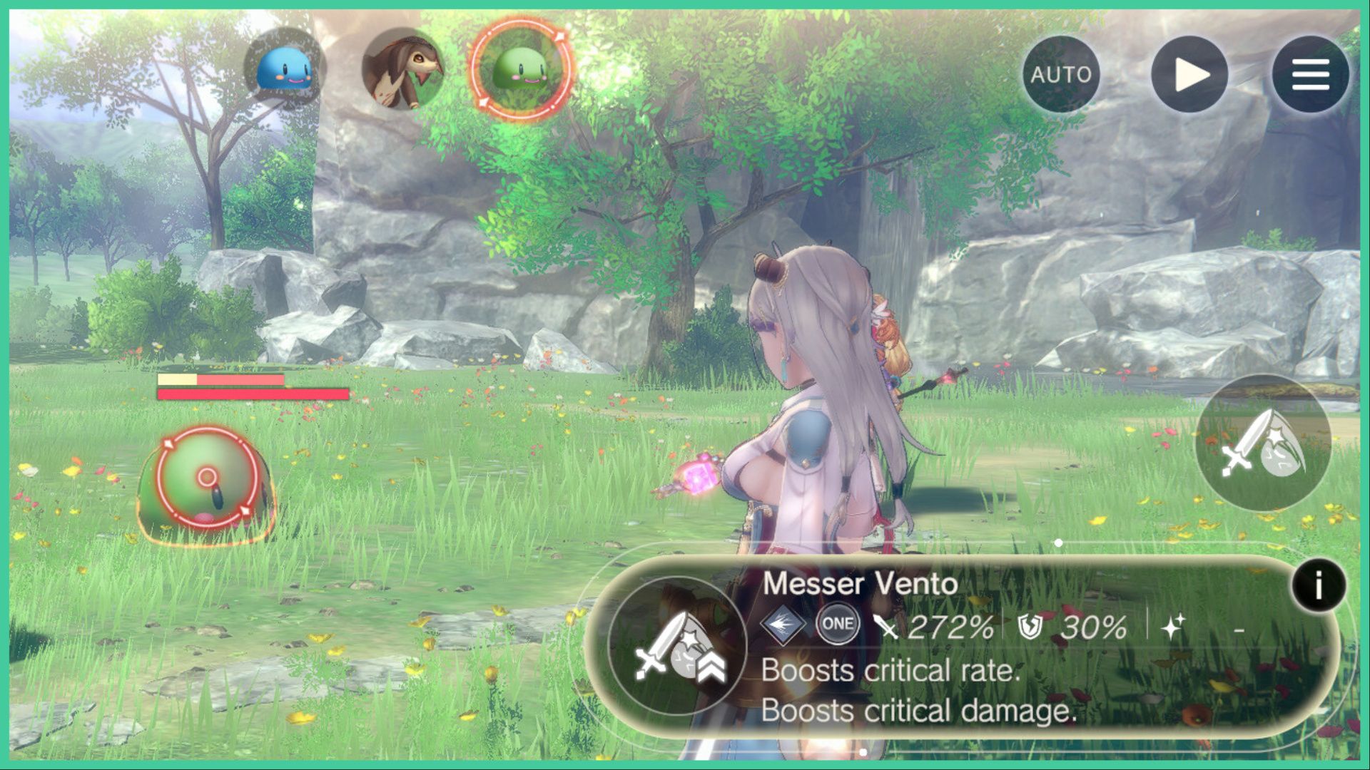 feature image for our atelier resleriana memoria tier list, the image features a screenshot from combat of a character getting ready to attack a green slime on the grass, there are stones around them as well as trees and flowers while the character holds a staff