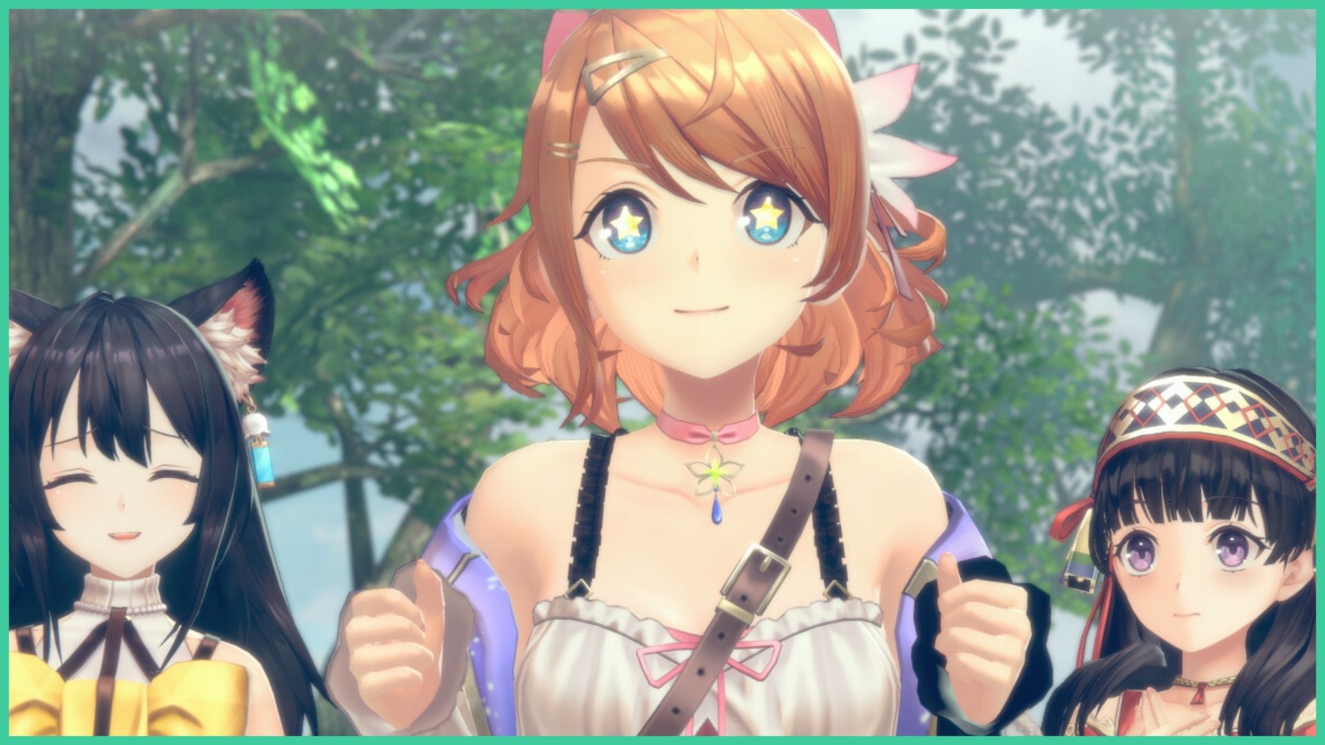 feature image for our atelier resleriana reroll guide, the image features a screenshot from the game of resna alongside two other female characters, resna looks excited with a sparkle in her eyes as she holds her fists up, the character on the left is smiling and the character on the right looks a little worried, there are trees behind them all