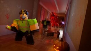 promo image for blair, with two roblox characters walking down a hallway as a tall monster follows them, there are hand prints and scratches on the wall, as a roblox character lays unconcious on the ground, there is also a lit jack o lantern on the floor by a wall, the roblox characters are all holding ghost hunting equipment as well as face masks